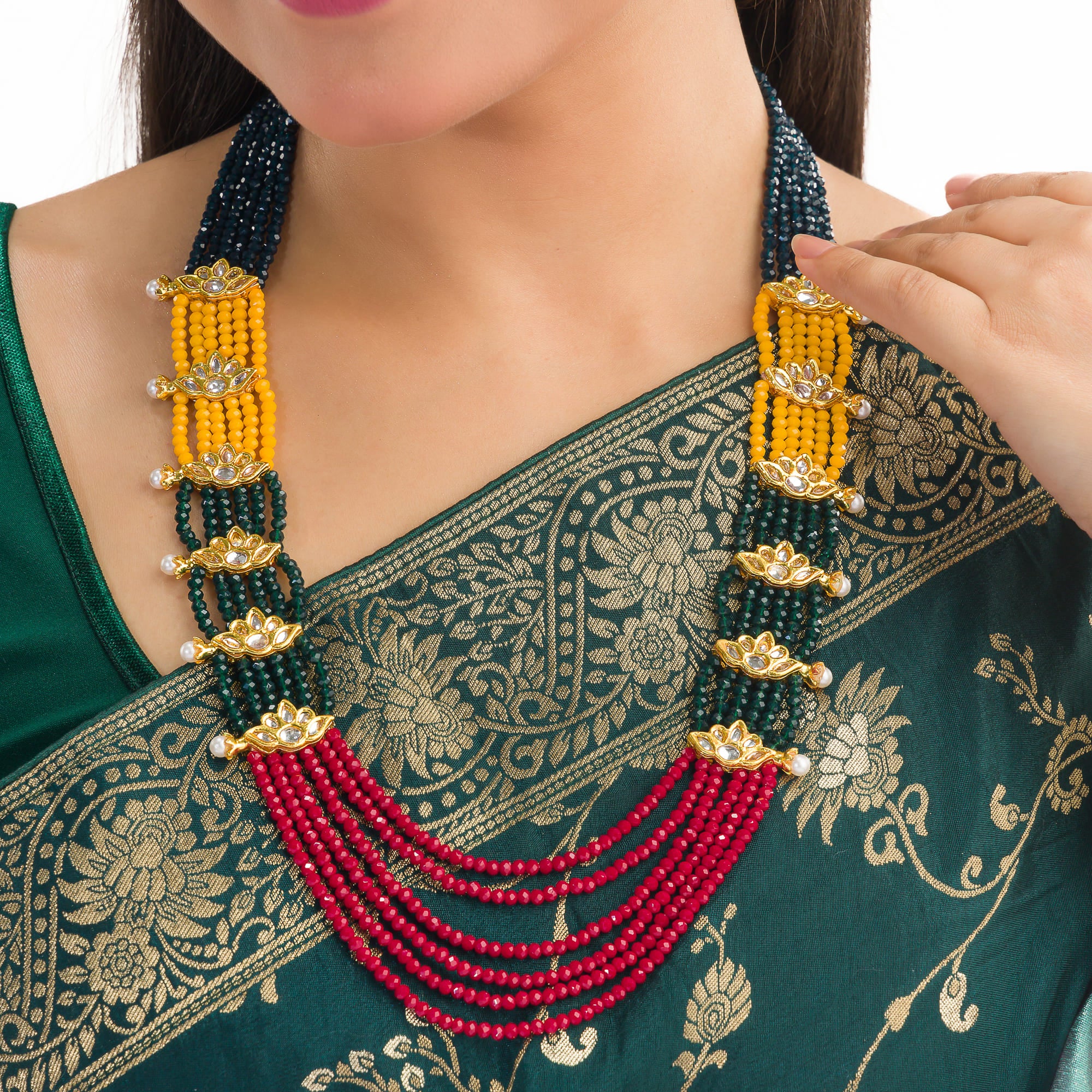 "Multi-color pearl long necklace set for a vibrant and elegant look."
