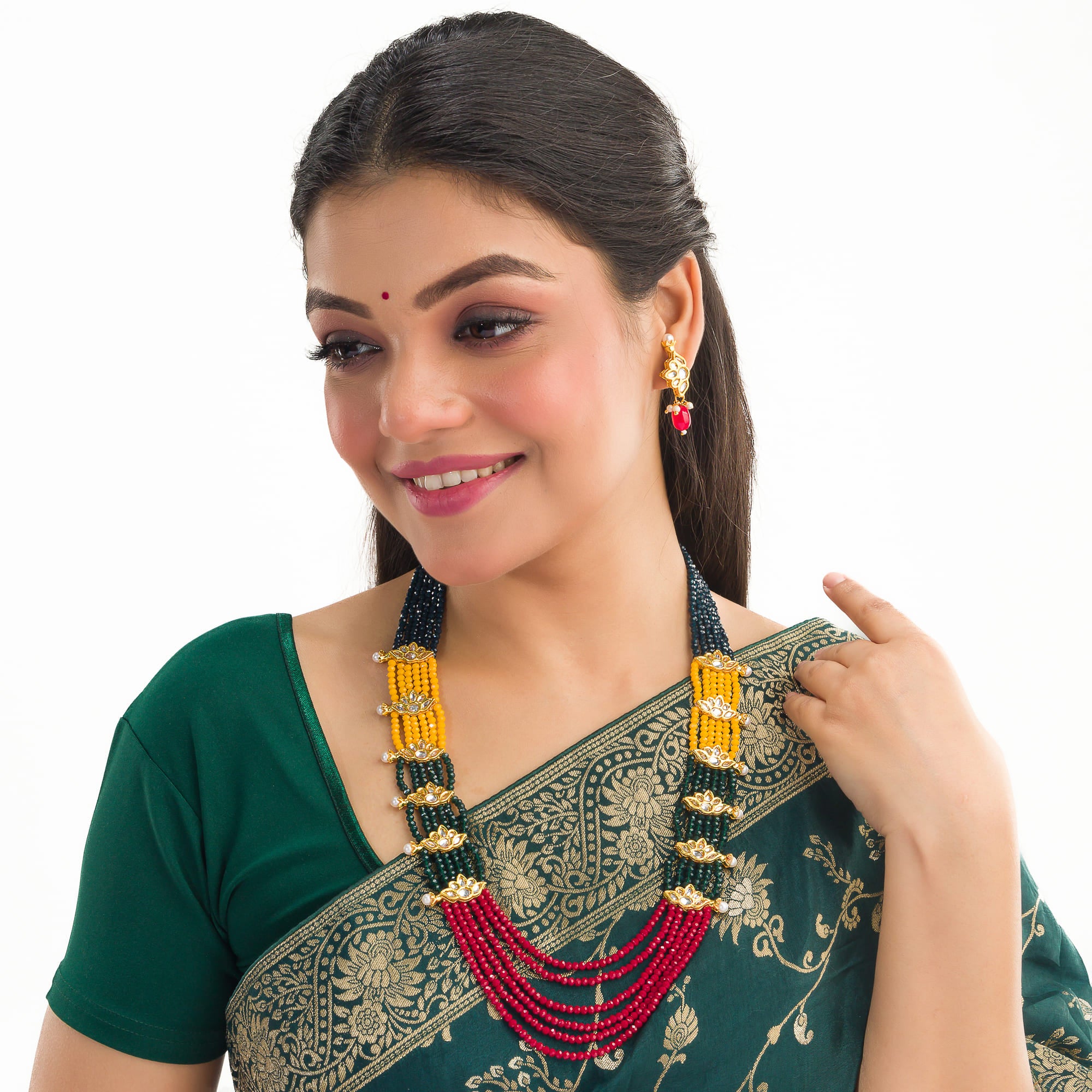 "Multi-color pearl long necklace set for a vibrant and elegant look."