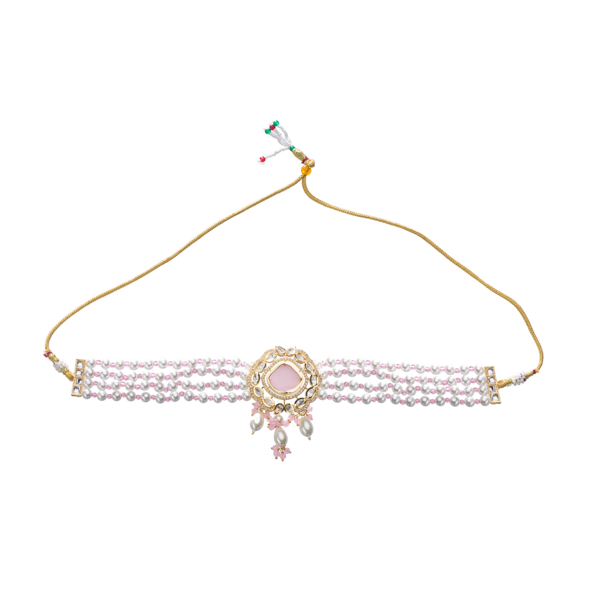 "White pearl necklace with a pink stone, combining classic and vibrant elegance."