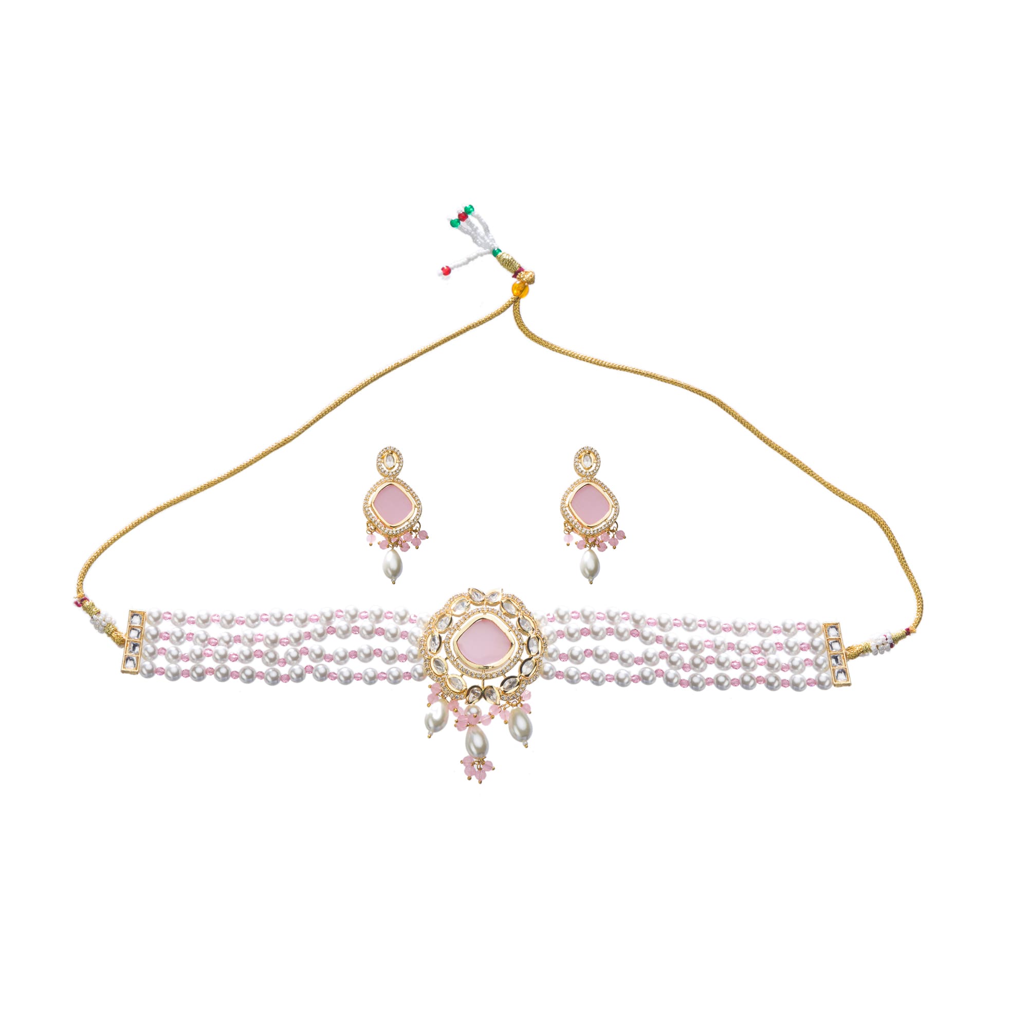 "White pearl necklace with a pink stone, combining classic and vibrant elegance."