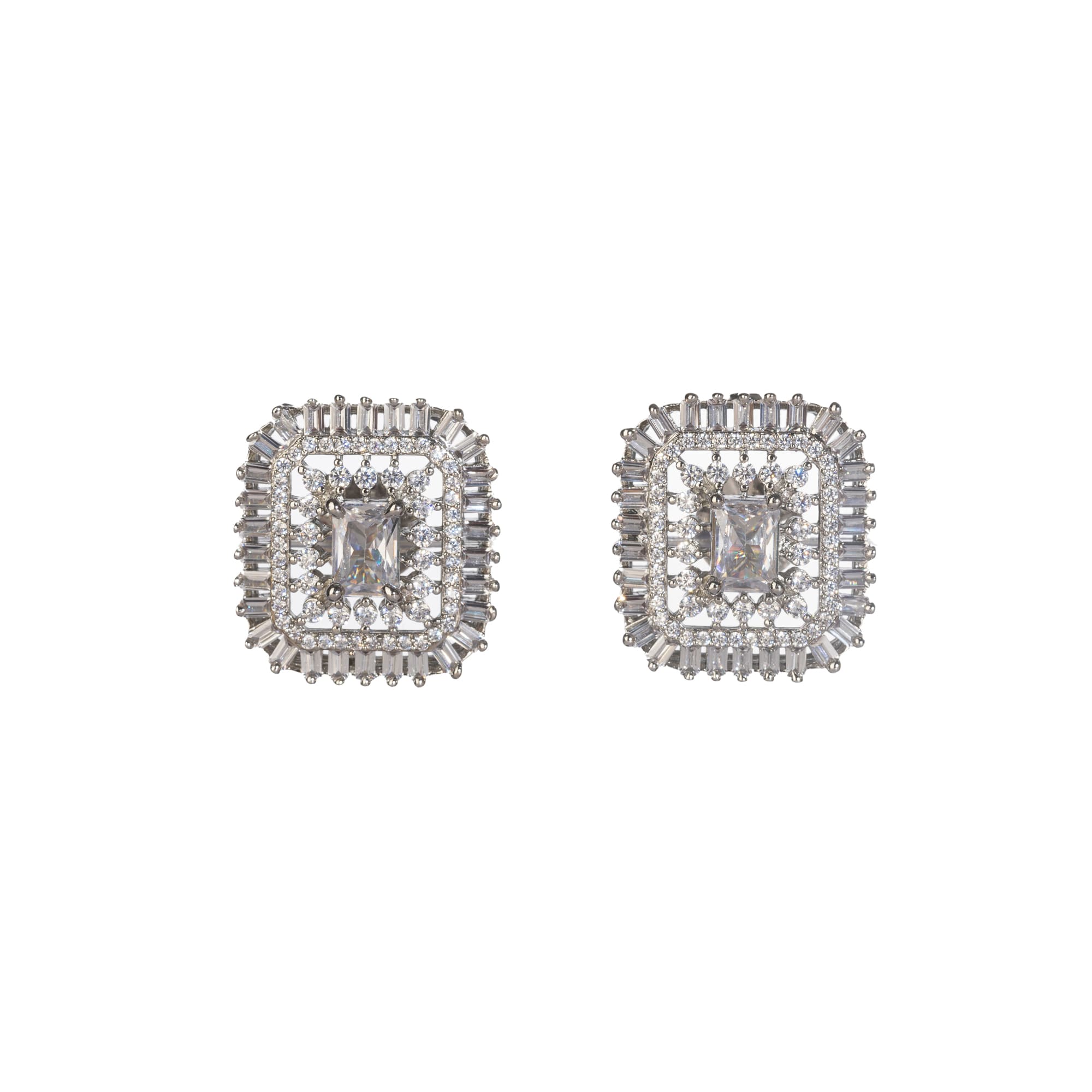 Square zircon stud earrings provide sleek, modern sparkle.