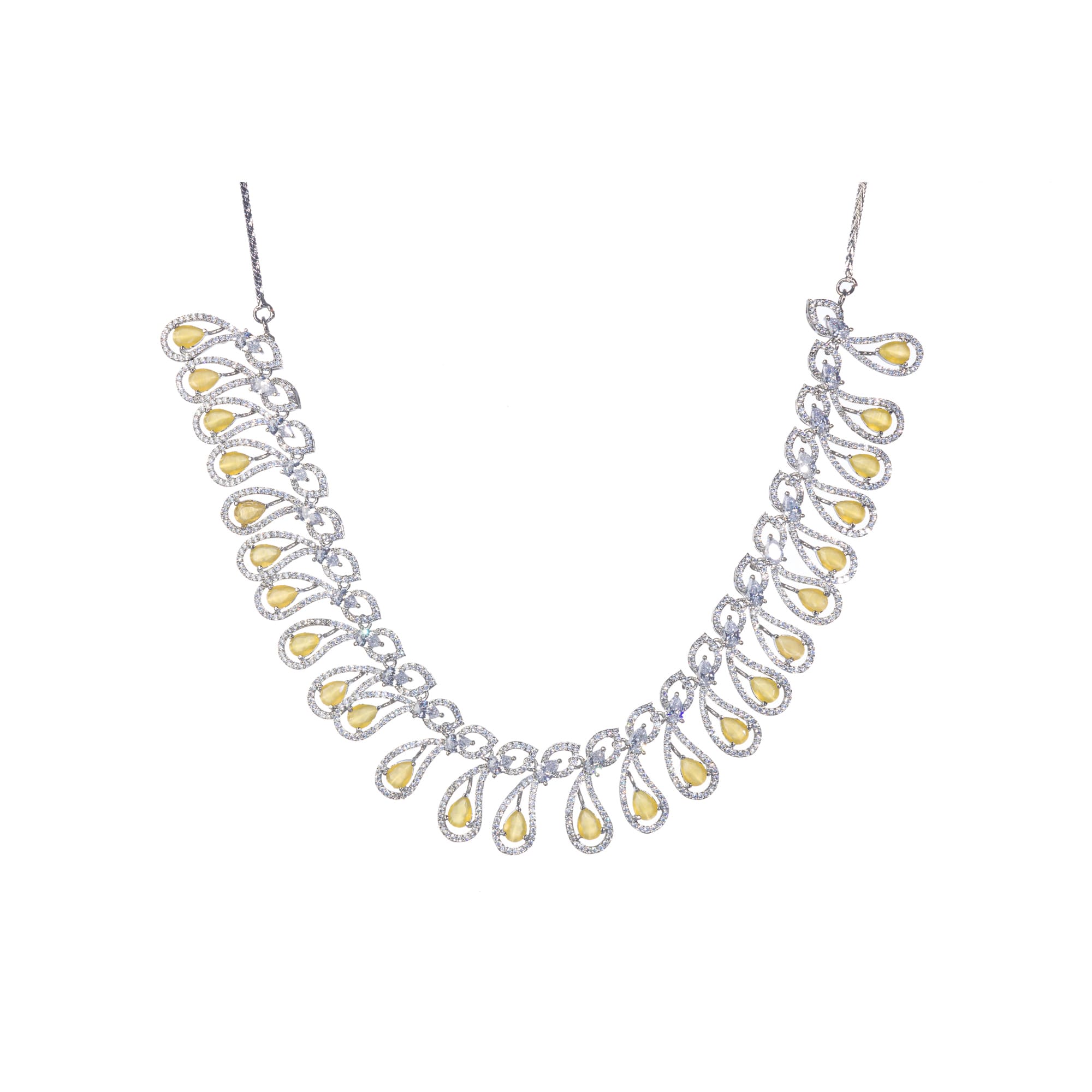 Yellow and white zircon stones create a dazzling contrast in this elegant necklace.