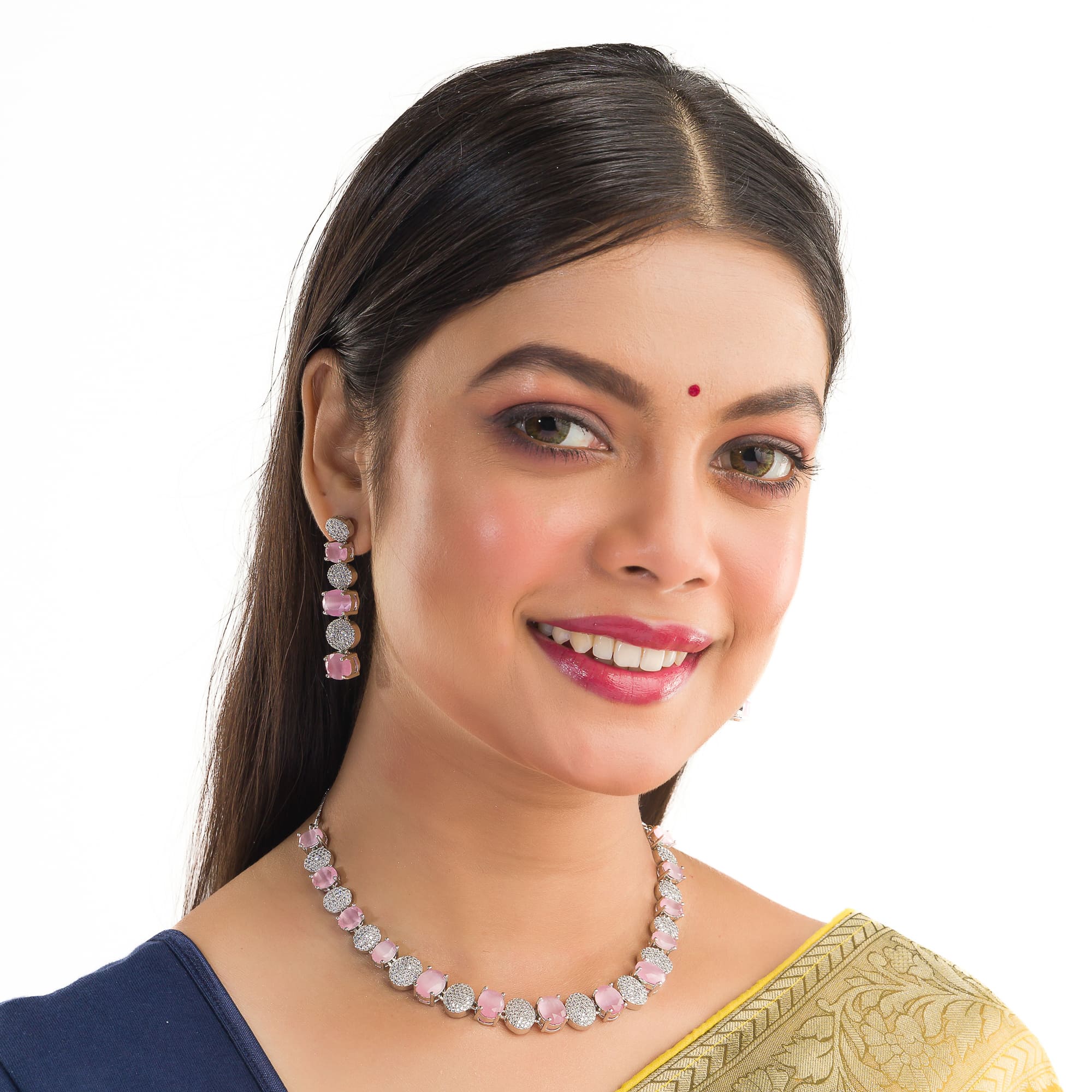 Pink and white zircon stones combine for a vibrant, elegant necklace design.