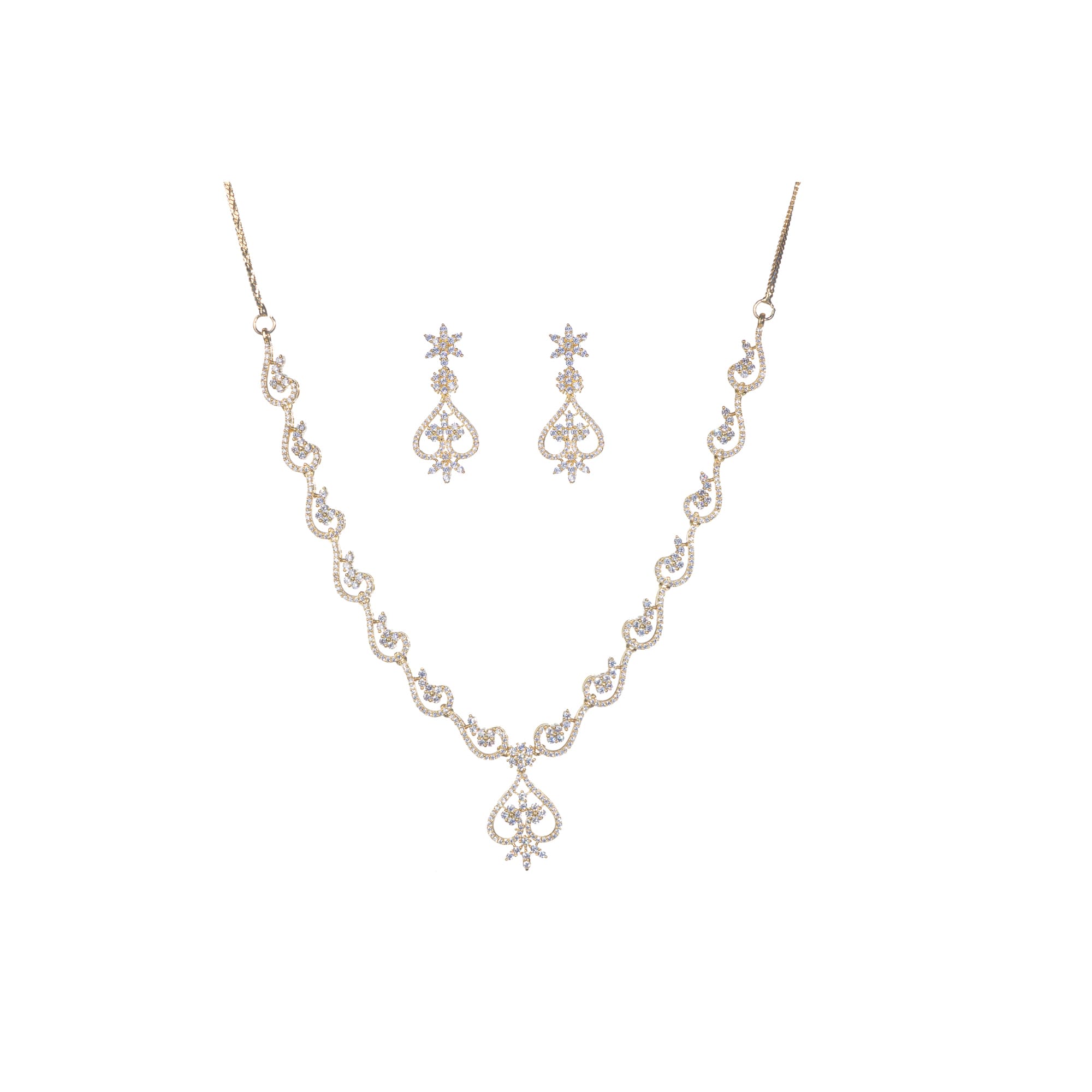 Small S-shaped zircon necklace with gold polish offers delicate elegance and subtle sparkle.