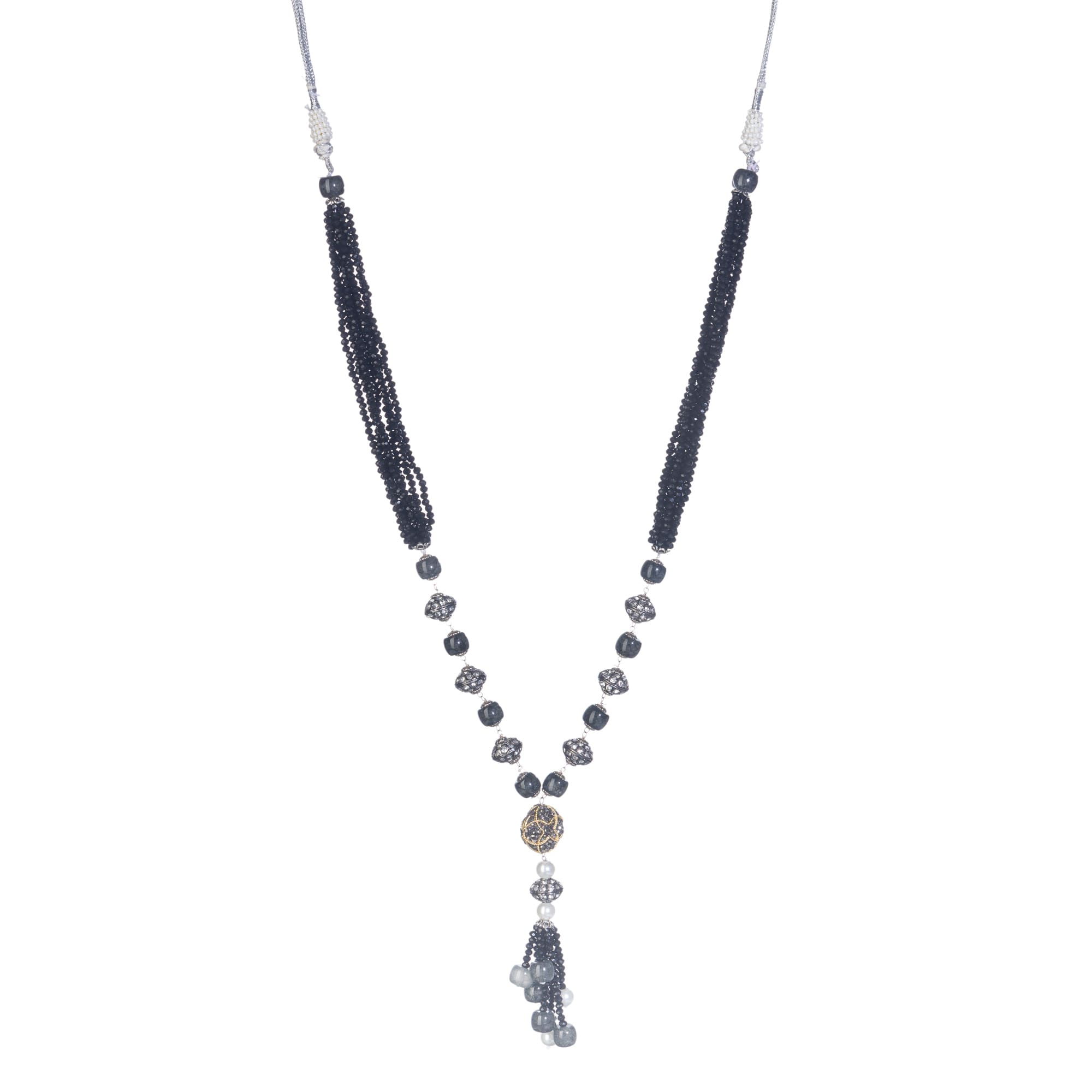 "Sophisticated black pearl long necklace set exudes elegant charm."