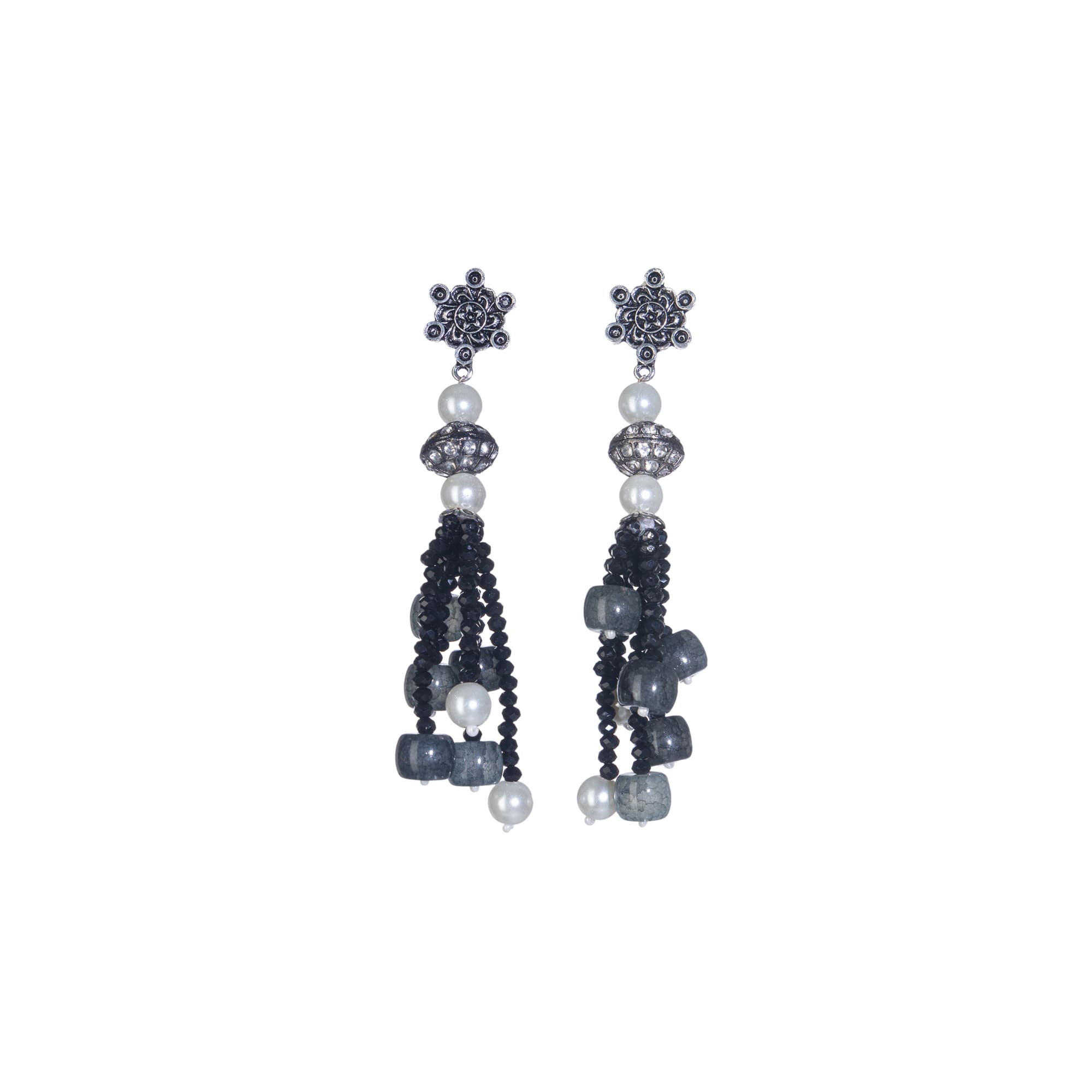 "Sophisticated black pearl long necklace set exudes elegant charm."