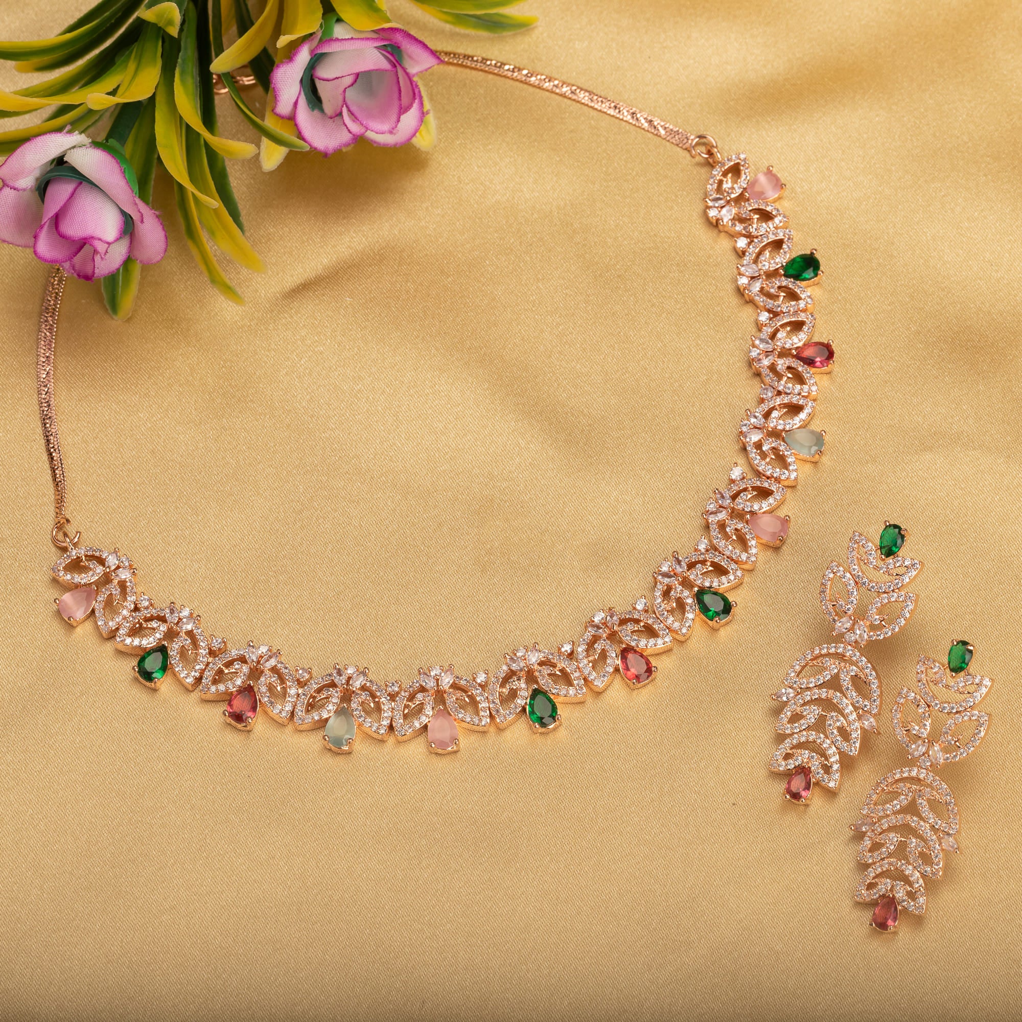 Rose gold necklace set with multi-color zircon for vibrant sophistication