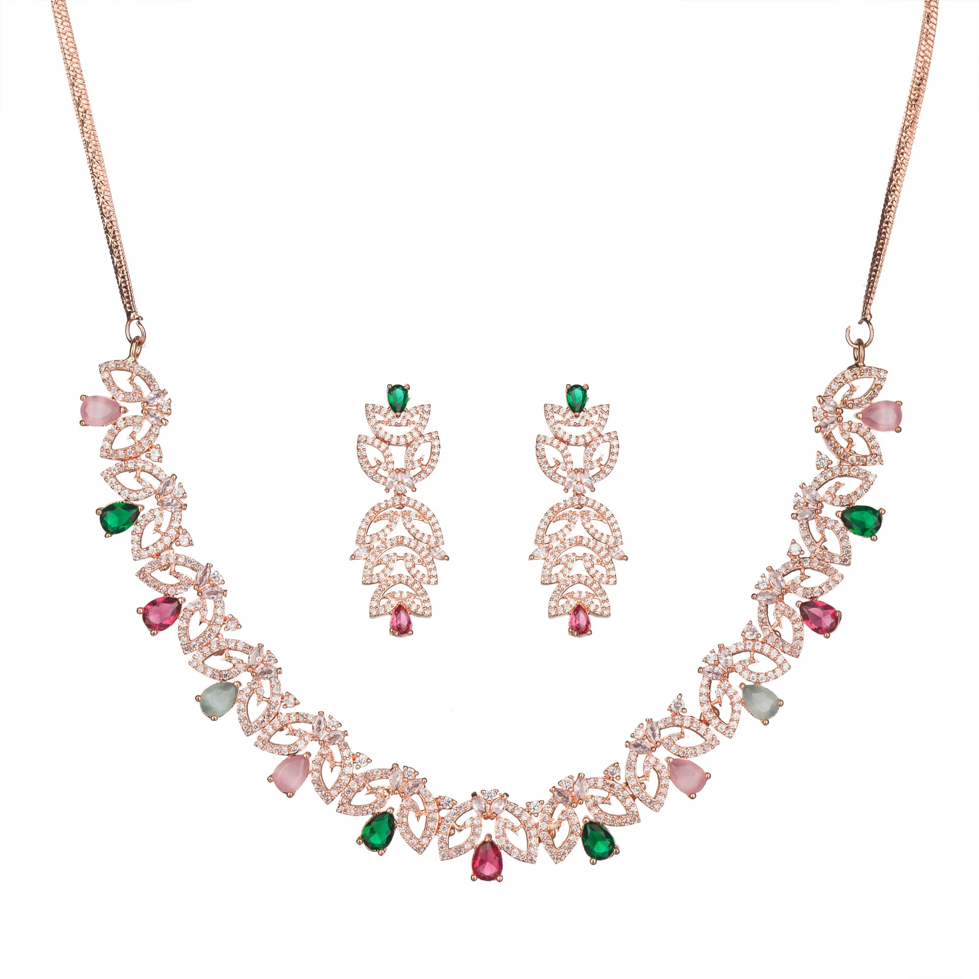 Rose gold necklace set with multi-color zircon for vibrant sophistication