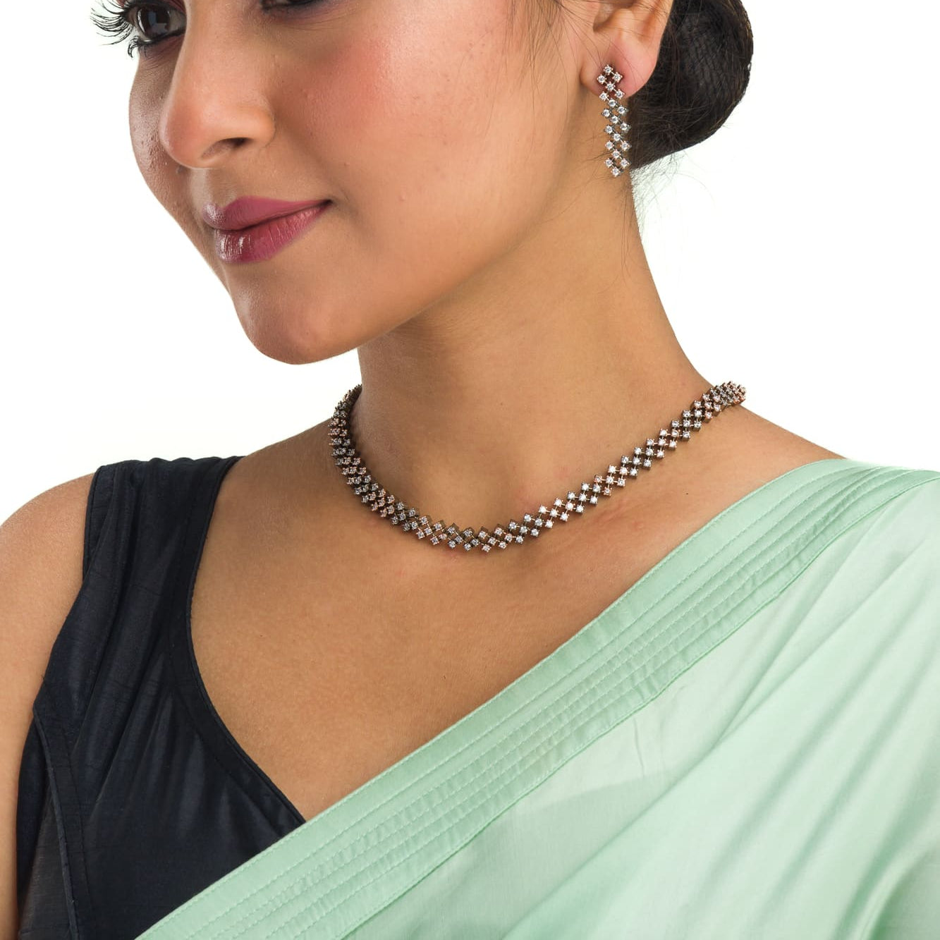 "Zircon short necklace sparkles with elegant refinement and shine."