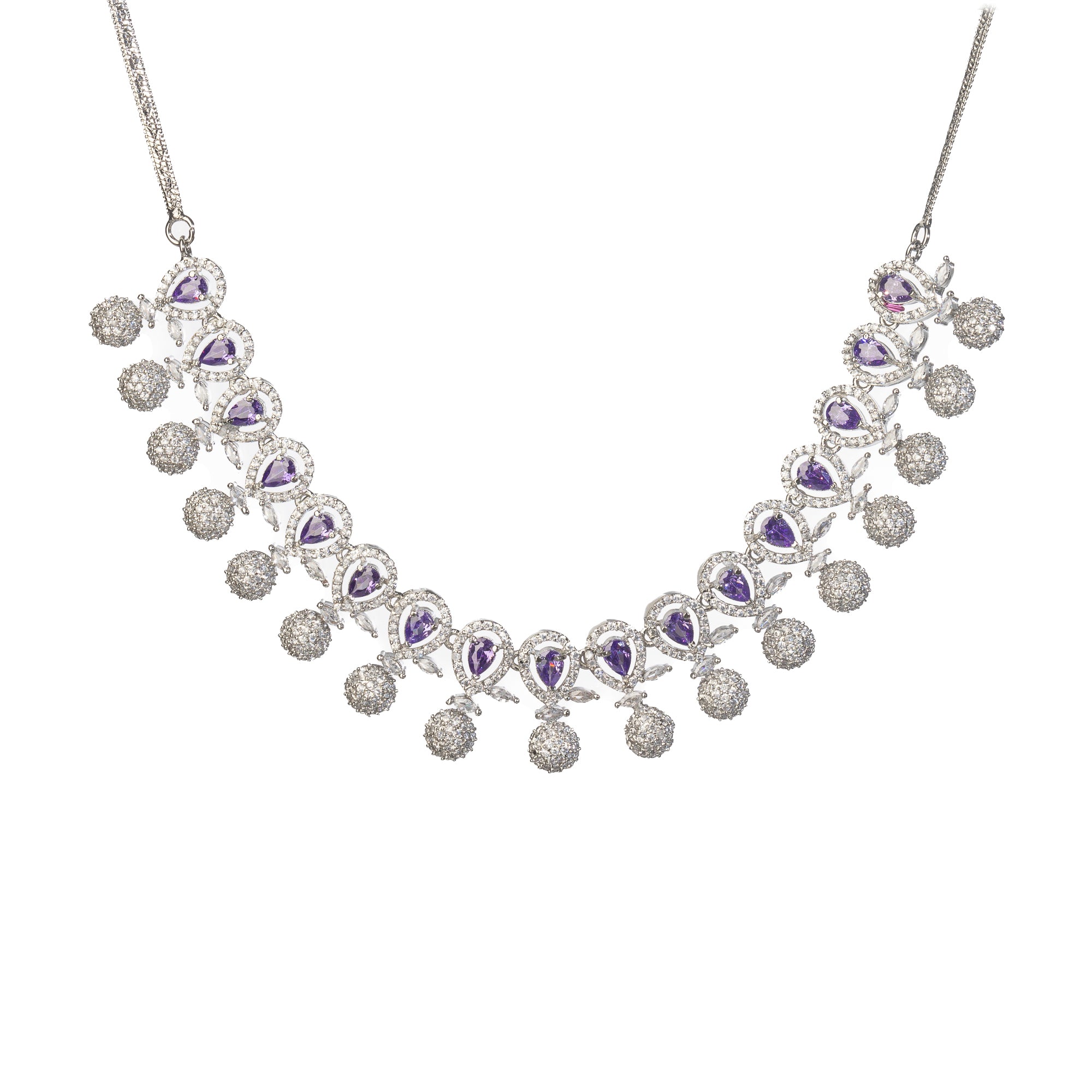 Violet zircon necklace adds a rich, sophisticated touch to festive looks.
