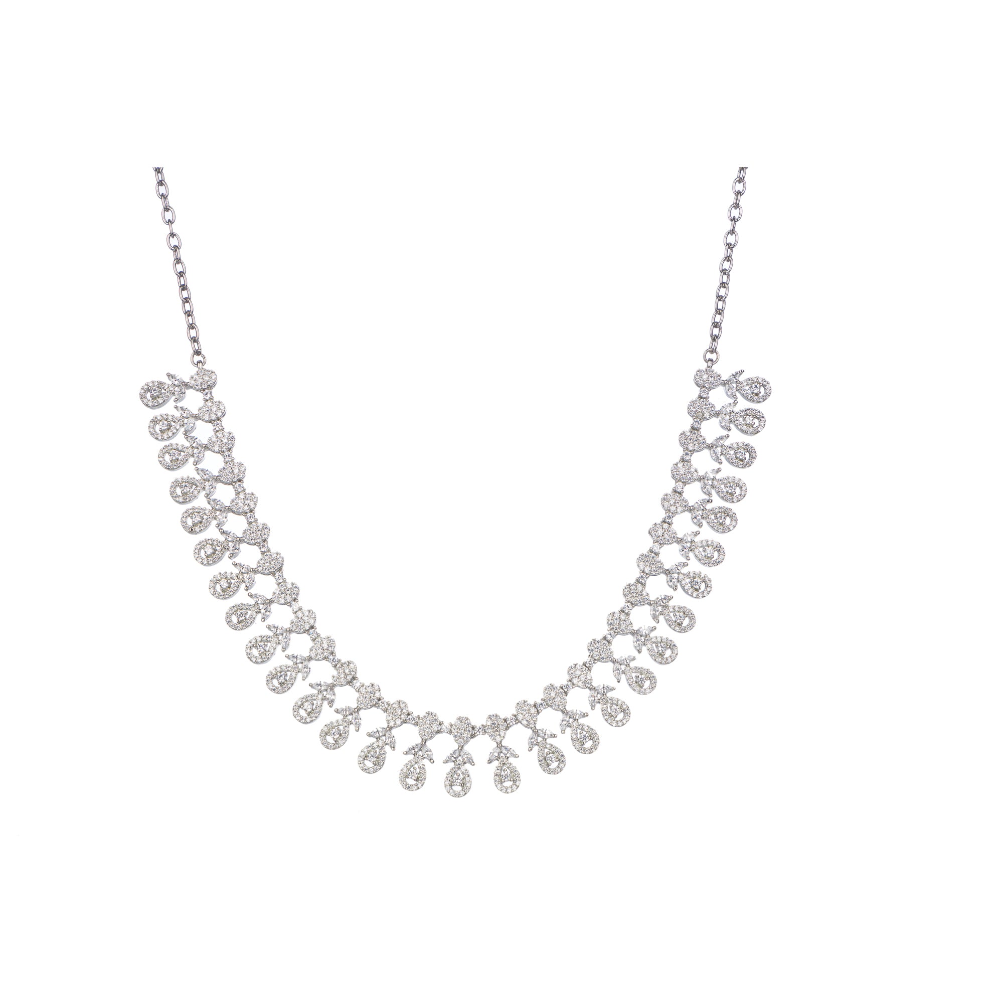 Elegant zircon necklace in silver polish offers rich, sophisticated charm.