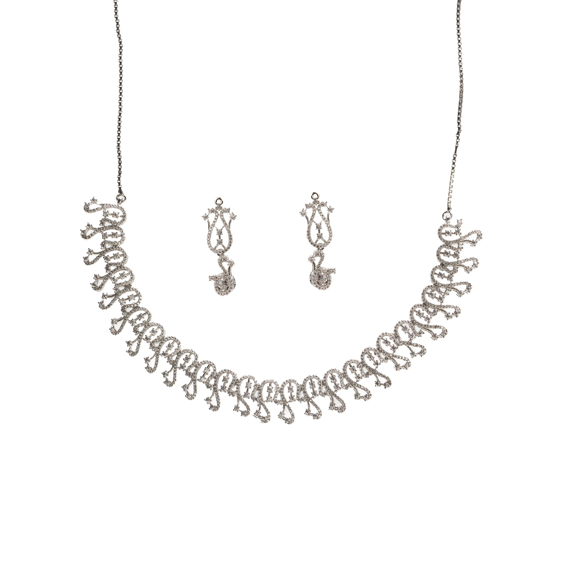 S-shaped zircon design offers sleek, flowing elegance for a refined style.