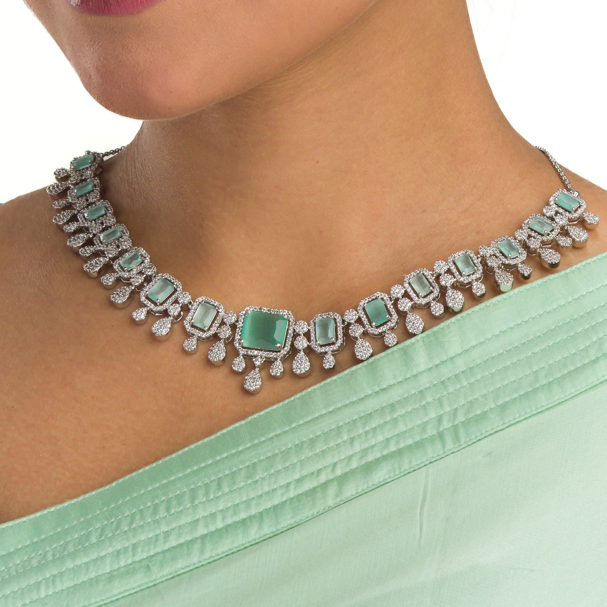 Light green zircon necklace adds a fresh, elegant touch to your festival style.