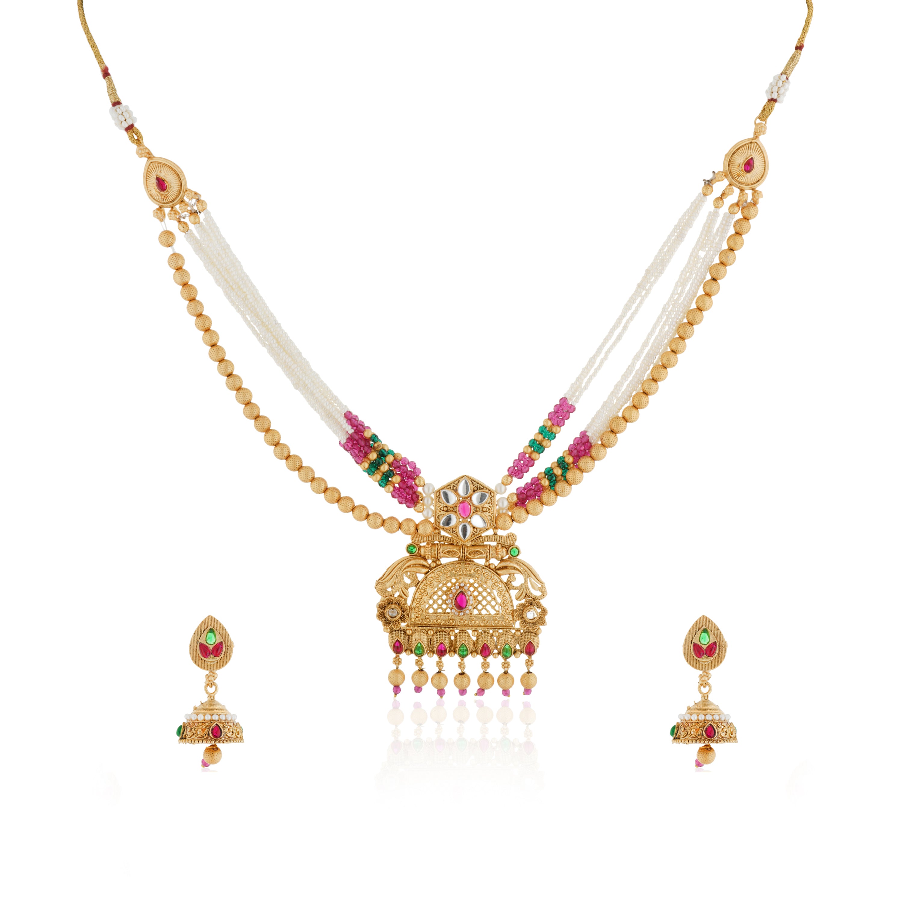 Long gold-tone necklace with multi-colour pearls for a vibrant, elegant, and eye-catching look