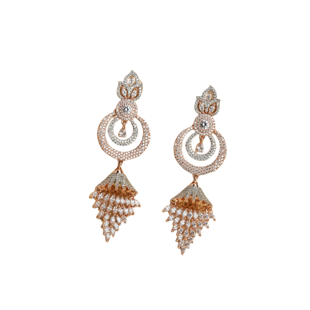 Sparkling zircon dangler earrings in rose gold, perfect for party elegance.