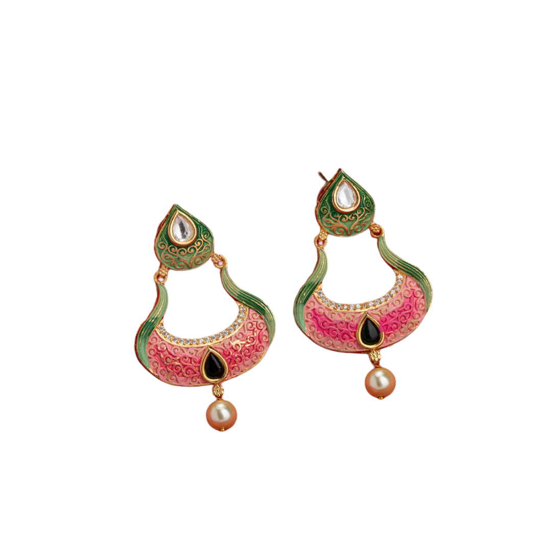 Gold-tone dangler earrings with Meenakari design offer intricate elegance and charm.