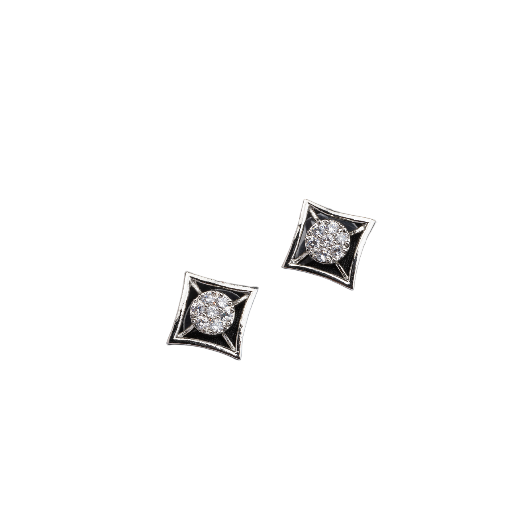 "Silver square zircon earrings bring modern sophistication and subtle sparkle for office wear."