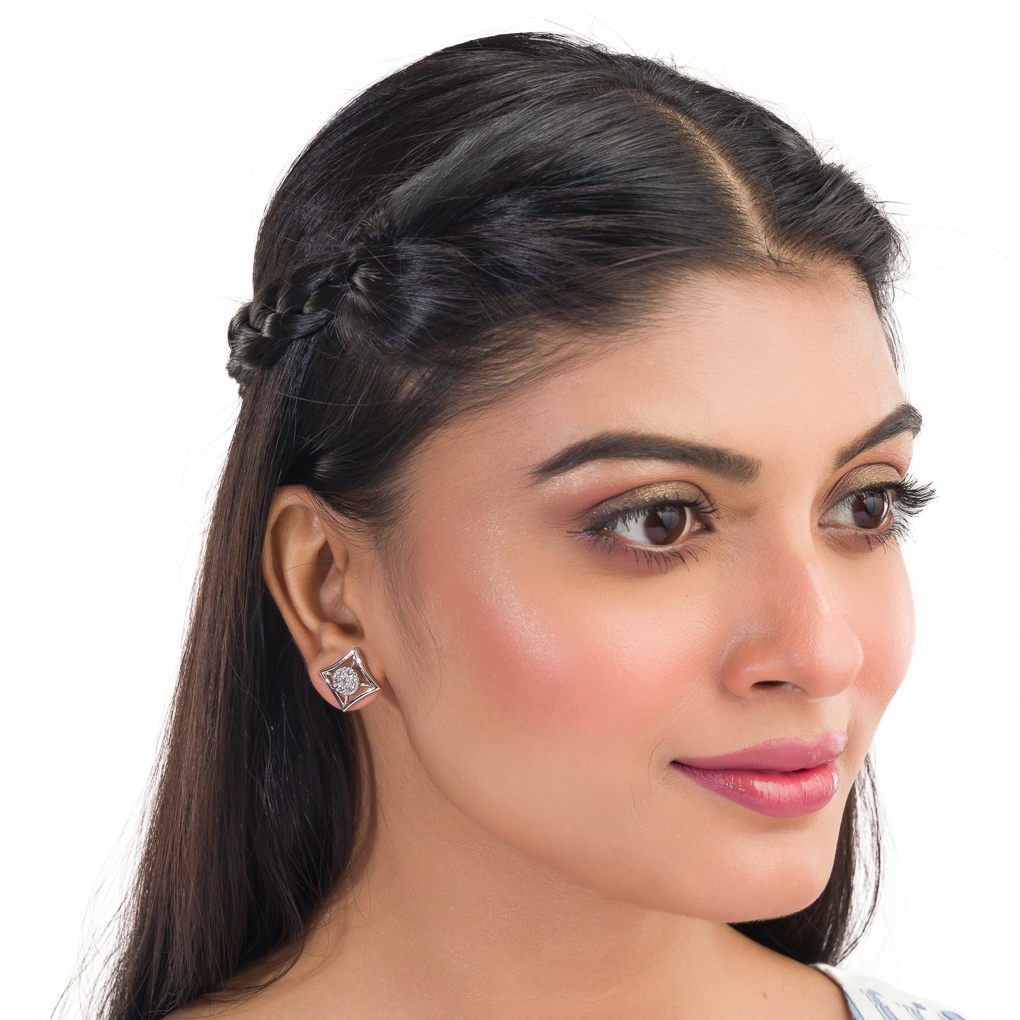 "Silver square zircon earrings bring modern sophistication and subtle sparkle for office wear."