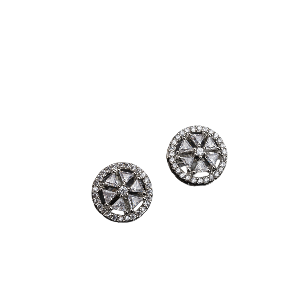 "Small triangular and round zircon earrings exude refined sophistication, perfect for office wear."