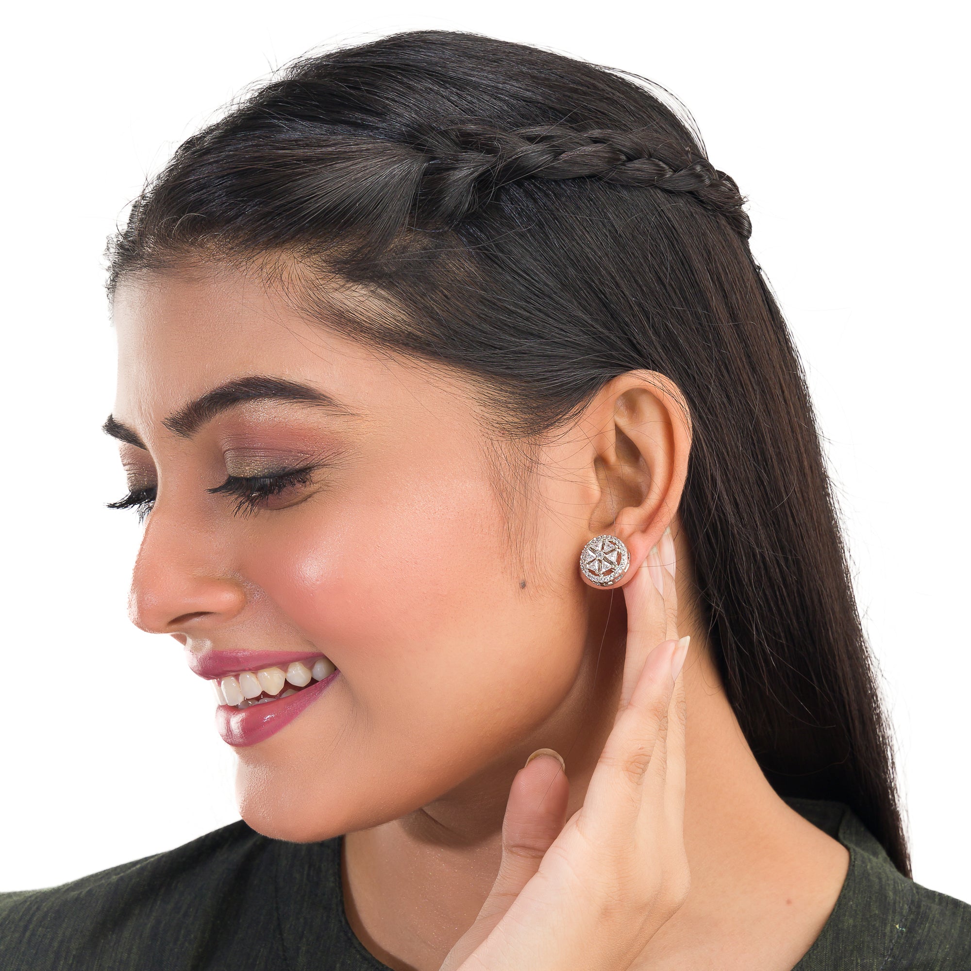 "Small triangular and round zircon earrings exude refined sophistication, perfect for office wear."