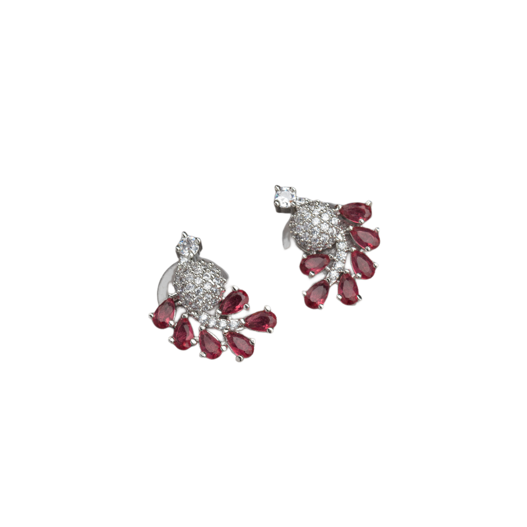 "Peacock-shaped pink zircon studs combine vibrant color with unique, elegant charm."