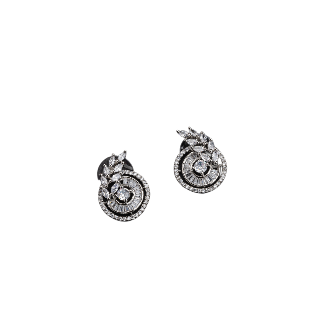"Round and leaf zircon earrings combine sparkling beauty with nature-inspired, elegant charm."