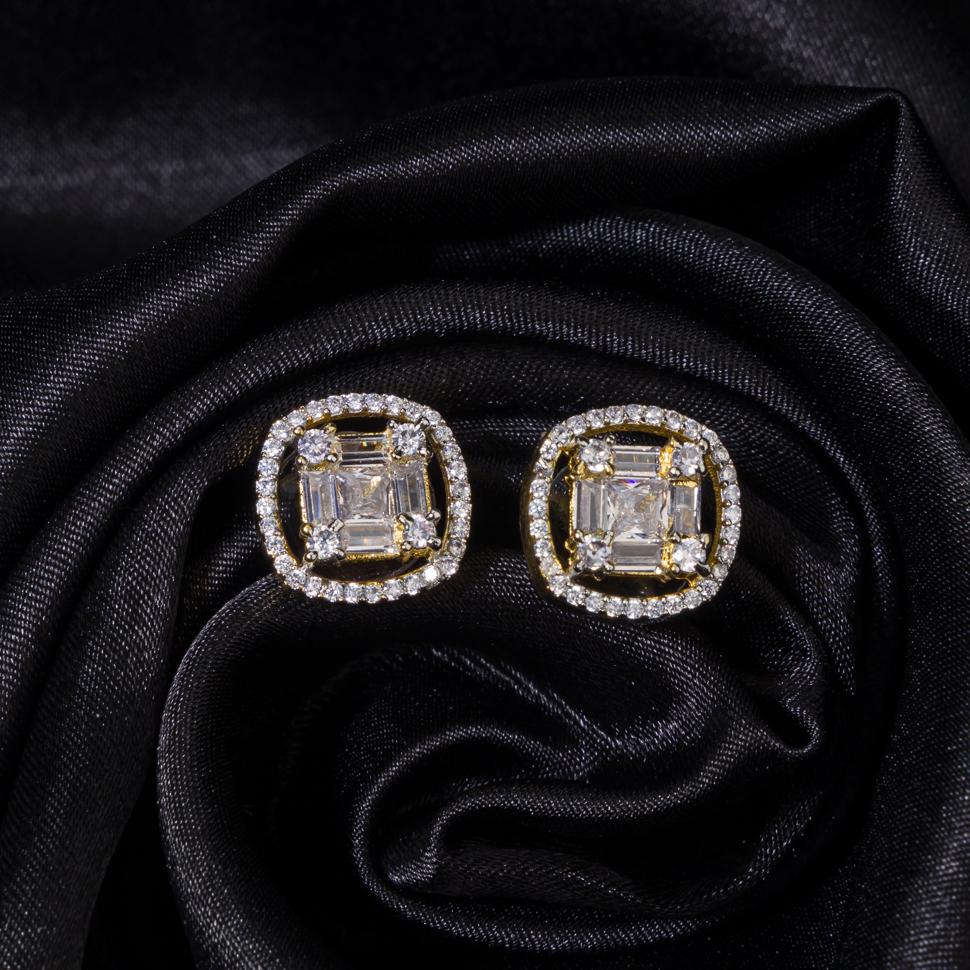 "Gold zircon square earrings for a modern, chic look with dazzling sparkle."