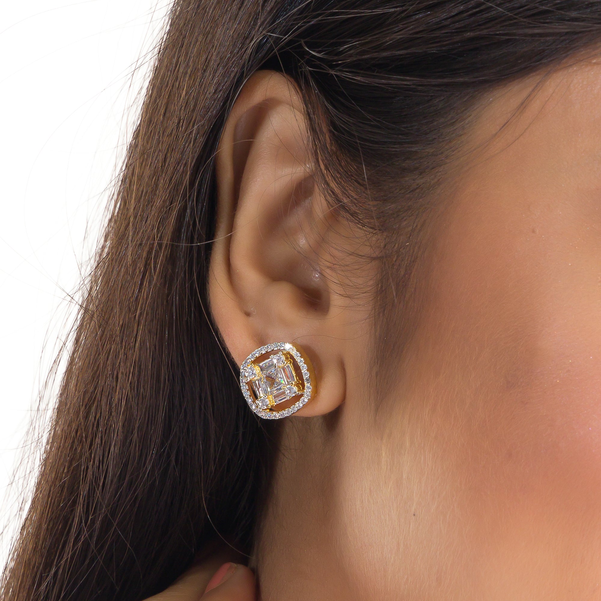 "Gold zircon square earrings for a modern, chic look with dazzling sparkle."