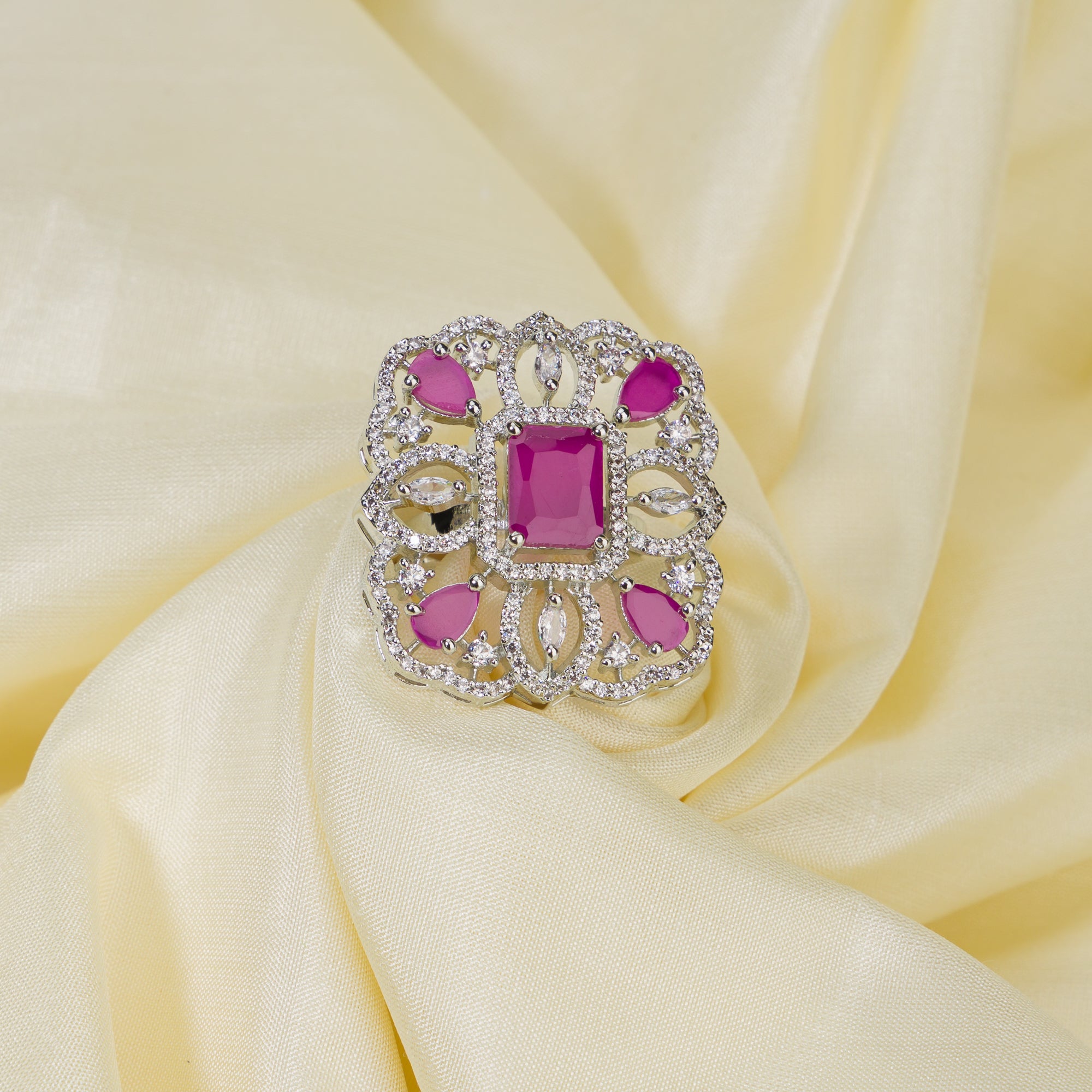 Pink zircon finger ring offering chic elegance with a vibrant, romantic hue.