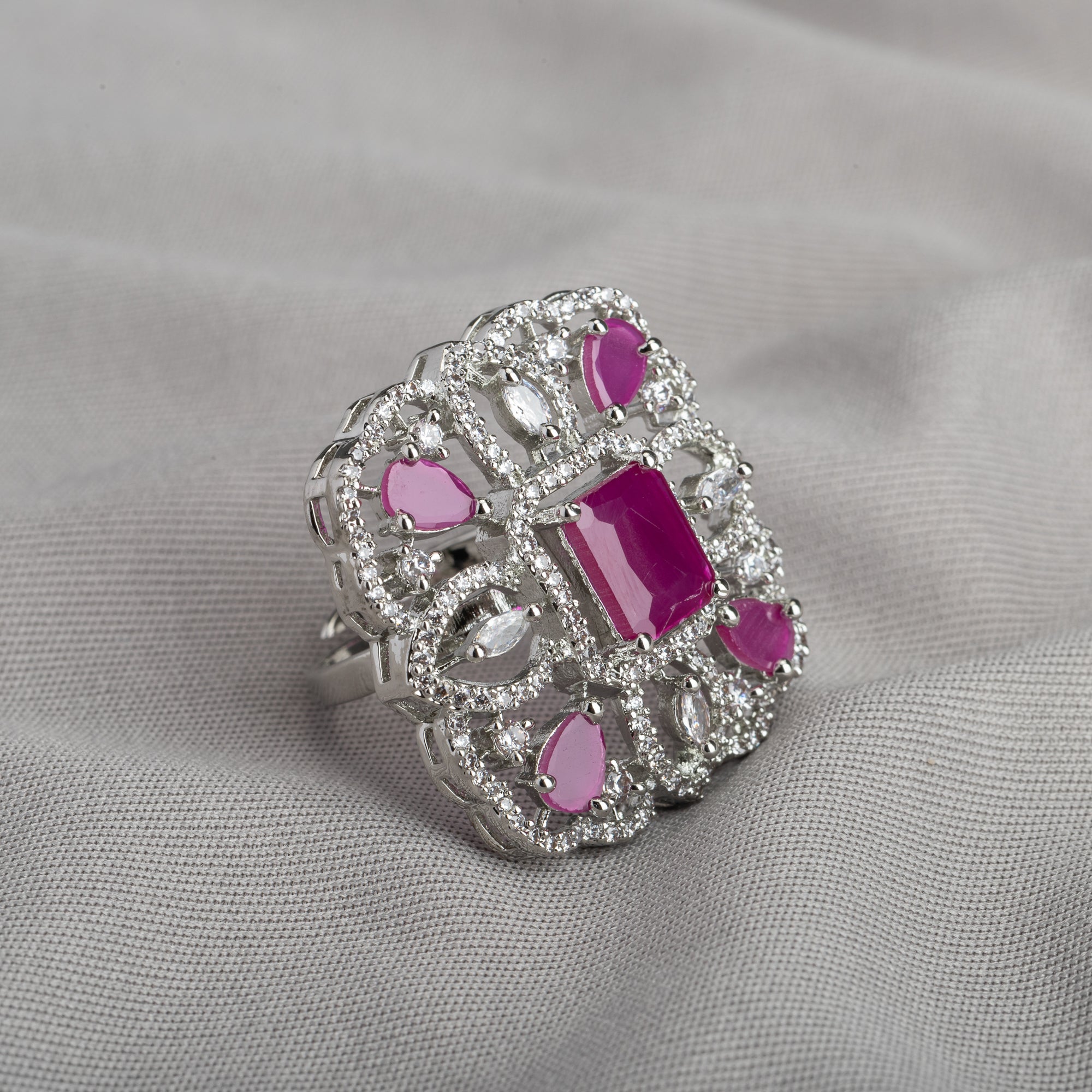 Pink zircon finger ring offering chic elegance with a vibrant, romantic hue.