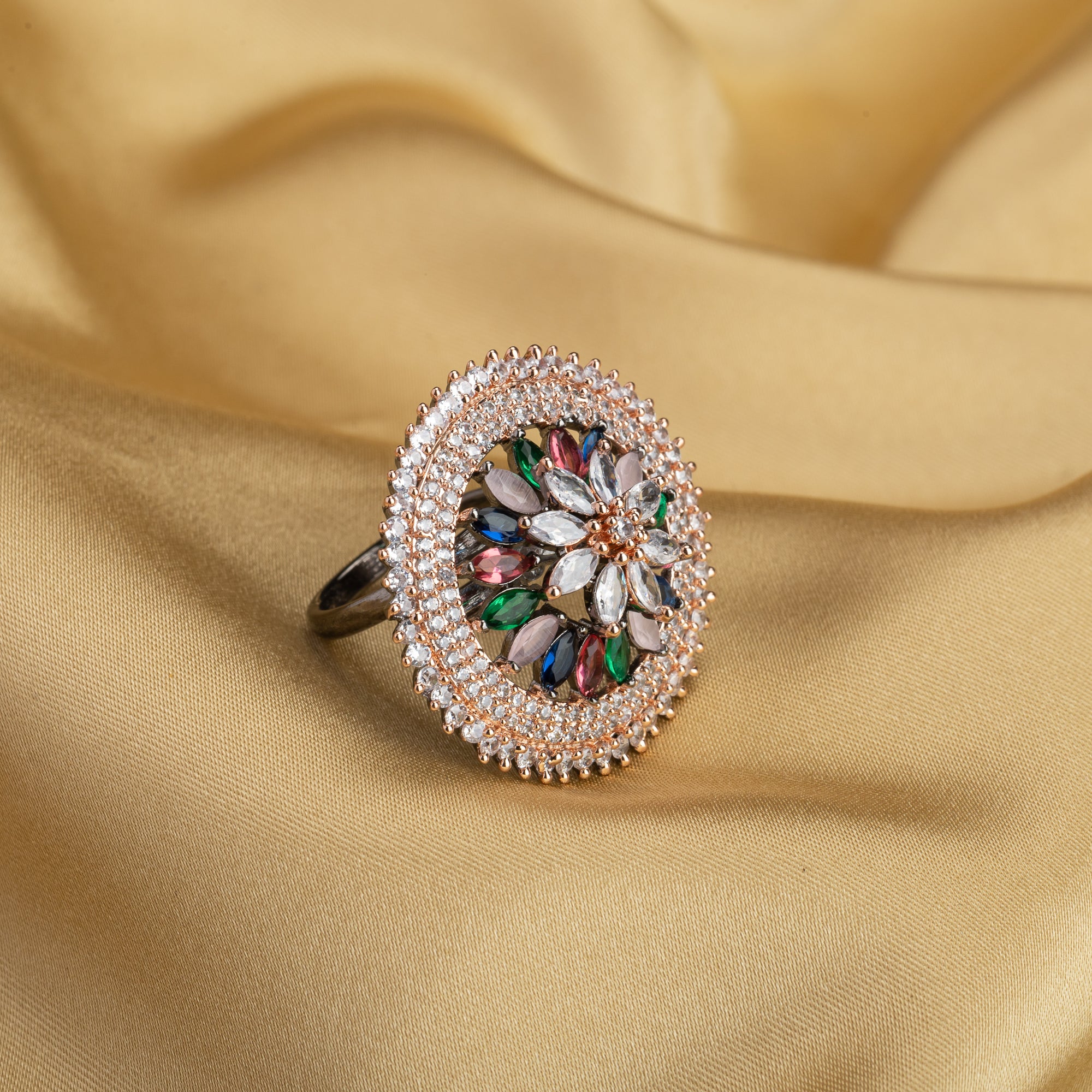 Multicolor zircon finger ring showcasing vibrant hues for a playful touch.