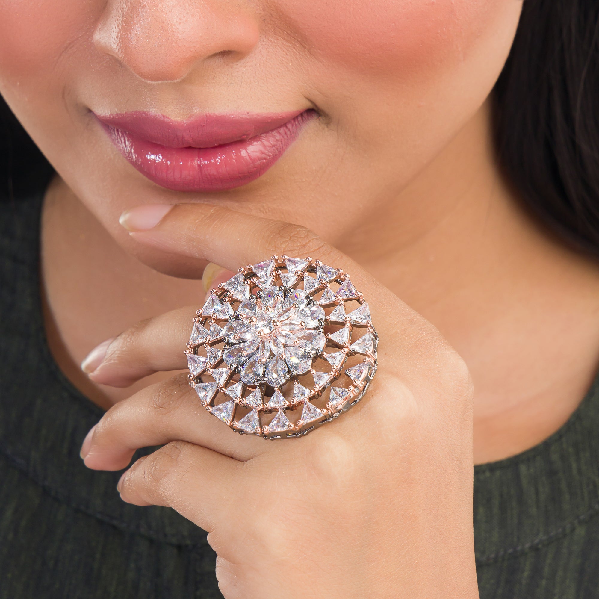 Black zircon-studded silver finger ring adds bold elegance with dazzling sparkle.