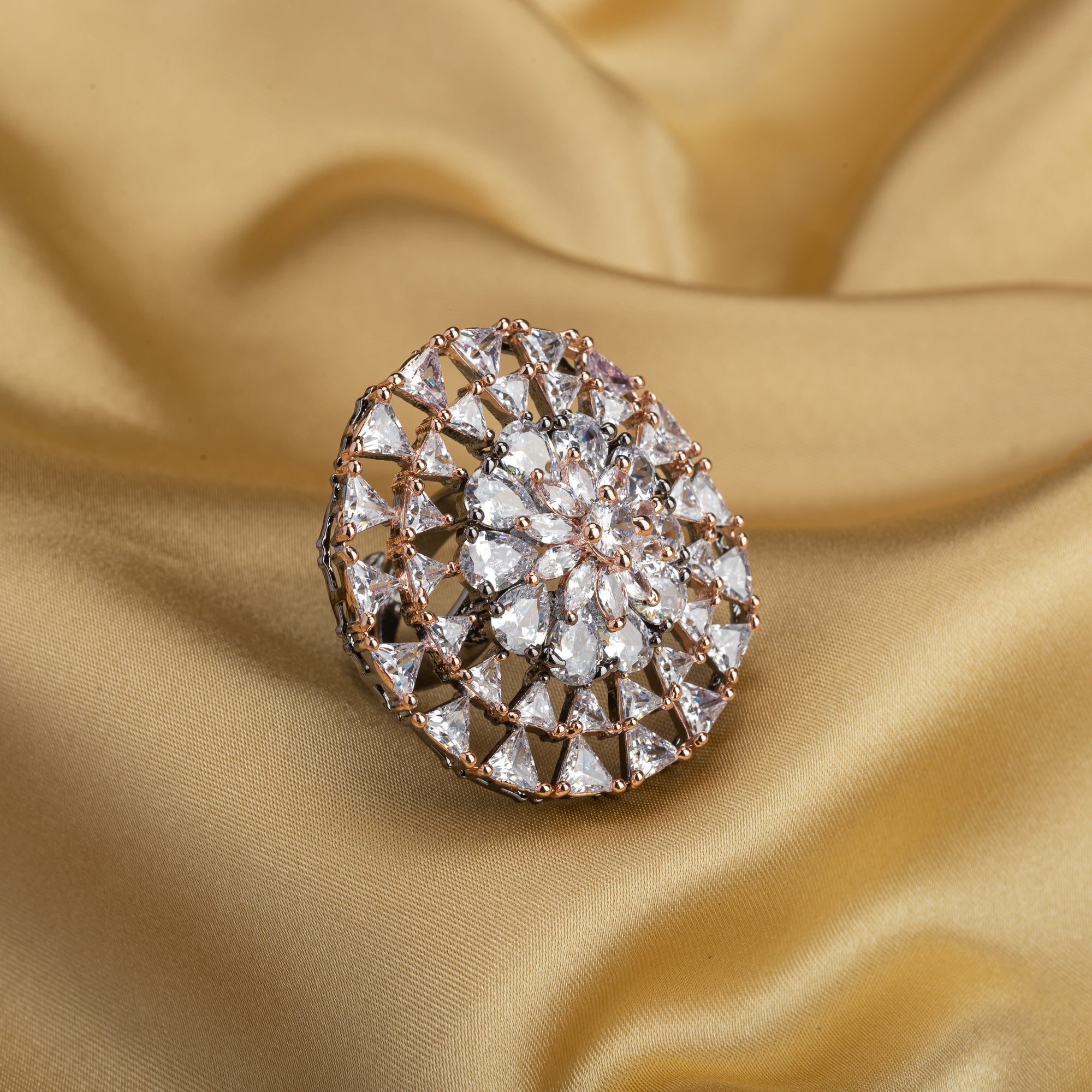 Black zircon-studded silver finger ring adds bold elegance with dazzling sparkle.