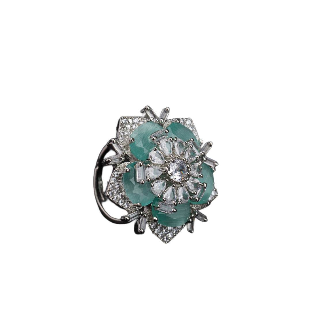 Silver zircon finger ring with turquoise stone offers vibrant charm and sparkling brilliance.