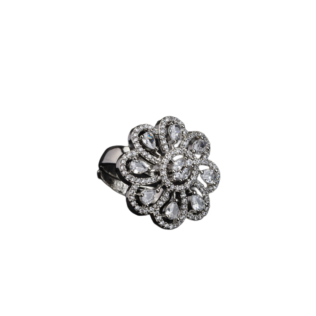 Silver floral zircon finger ring combines timeless beauty with sparkling brilliance.