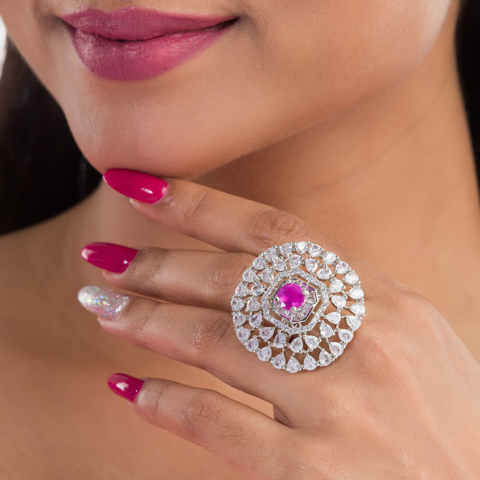 Zircon finger ring with pink stone adds a delicate and elegant touch, perfect for any occasion.