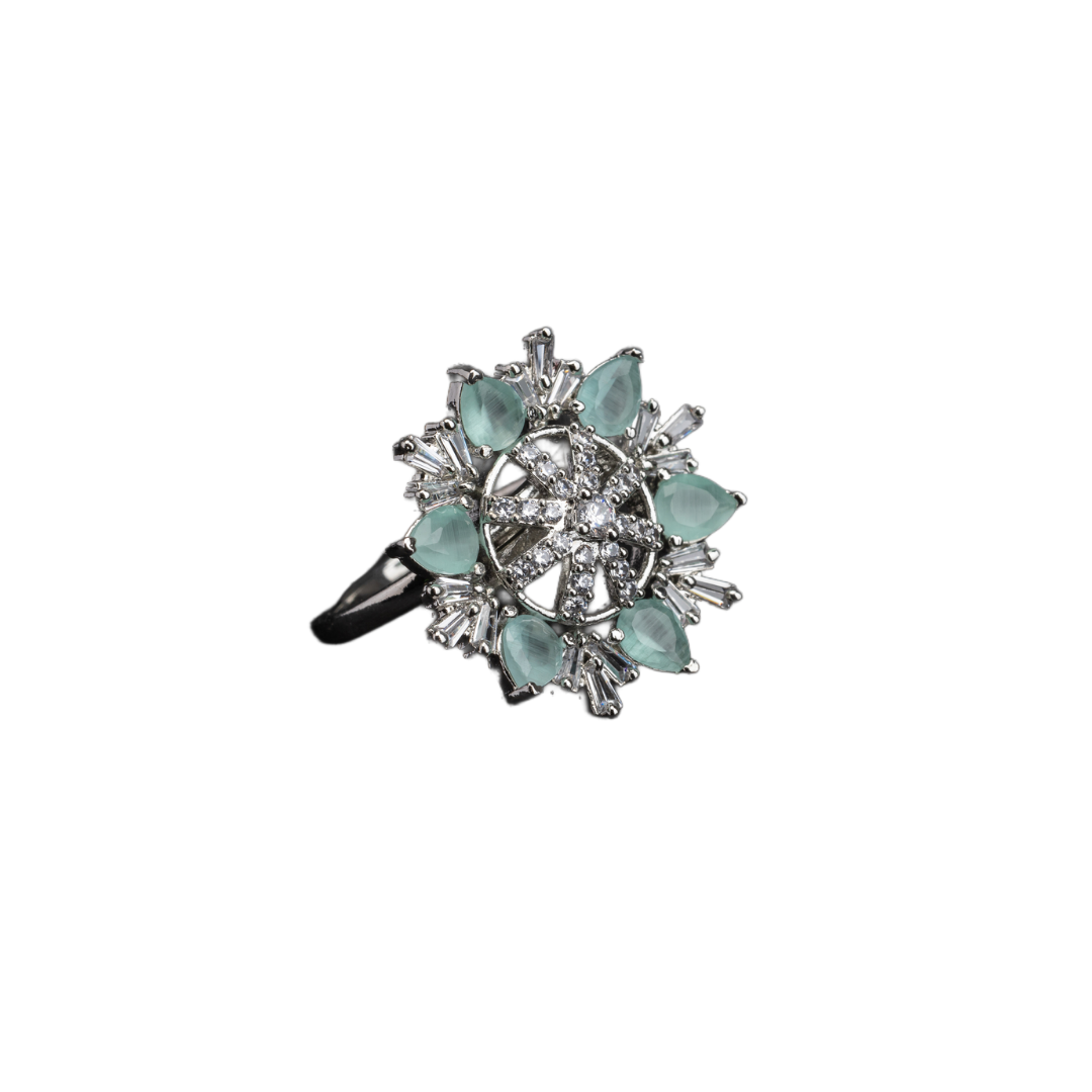 Aqua floral zircon finger ring adds a serene and vibrant charm to your party look.