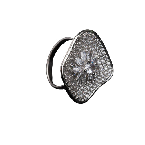 Silver zircon finger ring offers a dazzling design for a glamorous party-ready look.