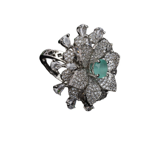 Aqua zircon floral finger ring in silver brings a fresh, vibrant charm to your party style.