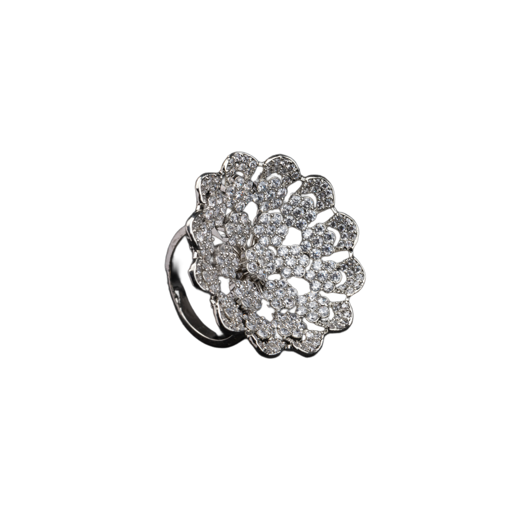 Silver zircon floral ring offers a blend of timeless charm and sparkling beauty, perfect for parties.