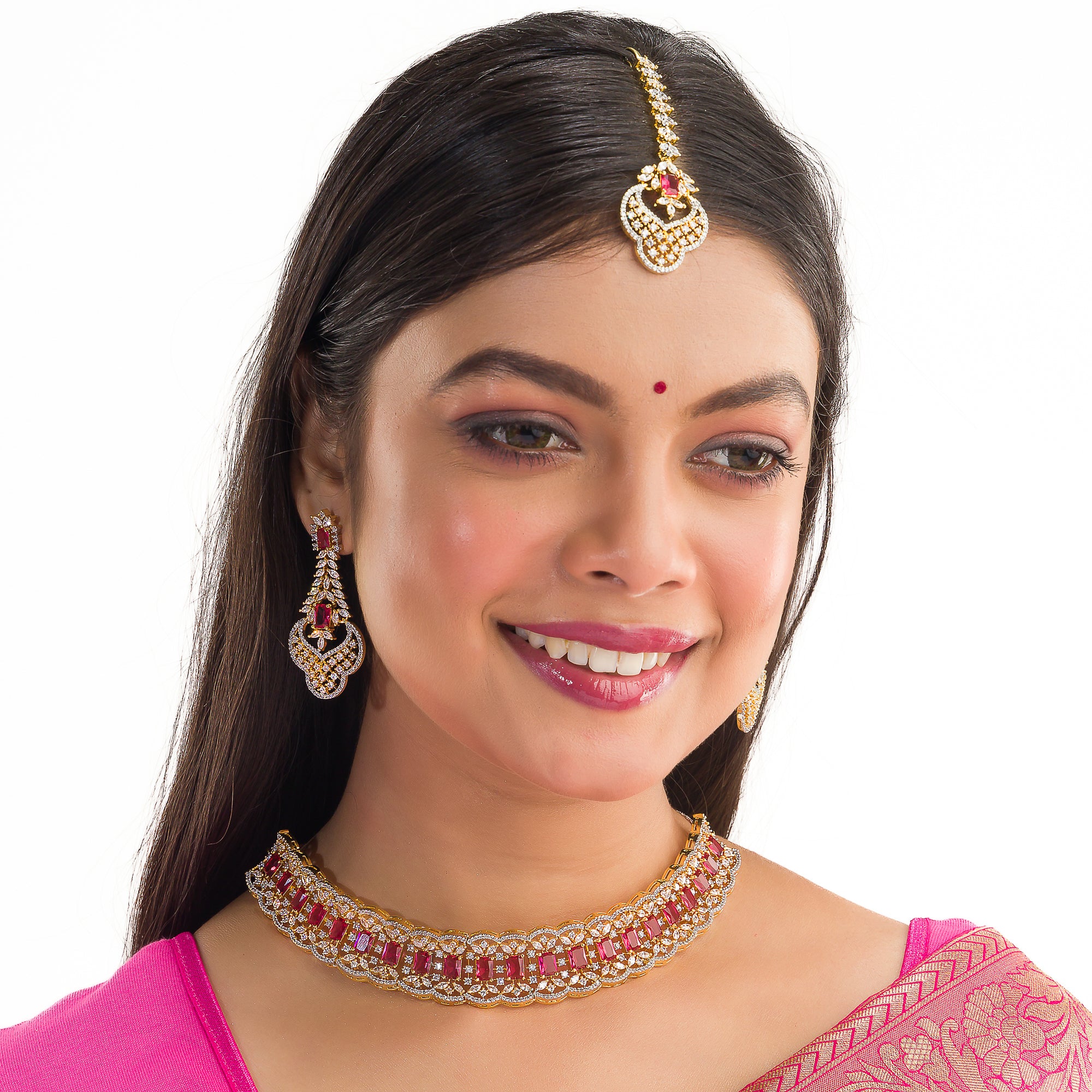 Red zircon bridal necklace set features intricate designs, perfect for a regal wedding look.