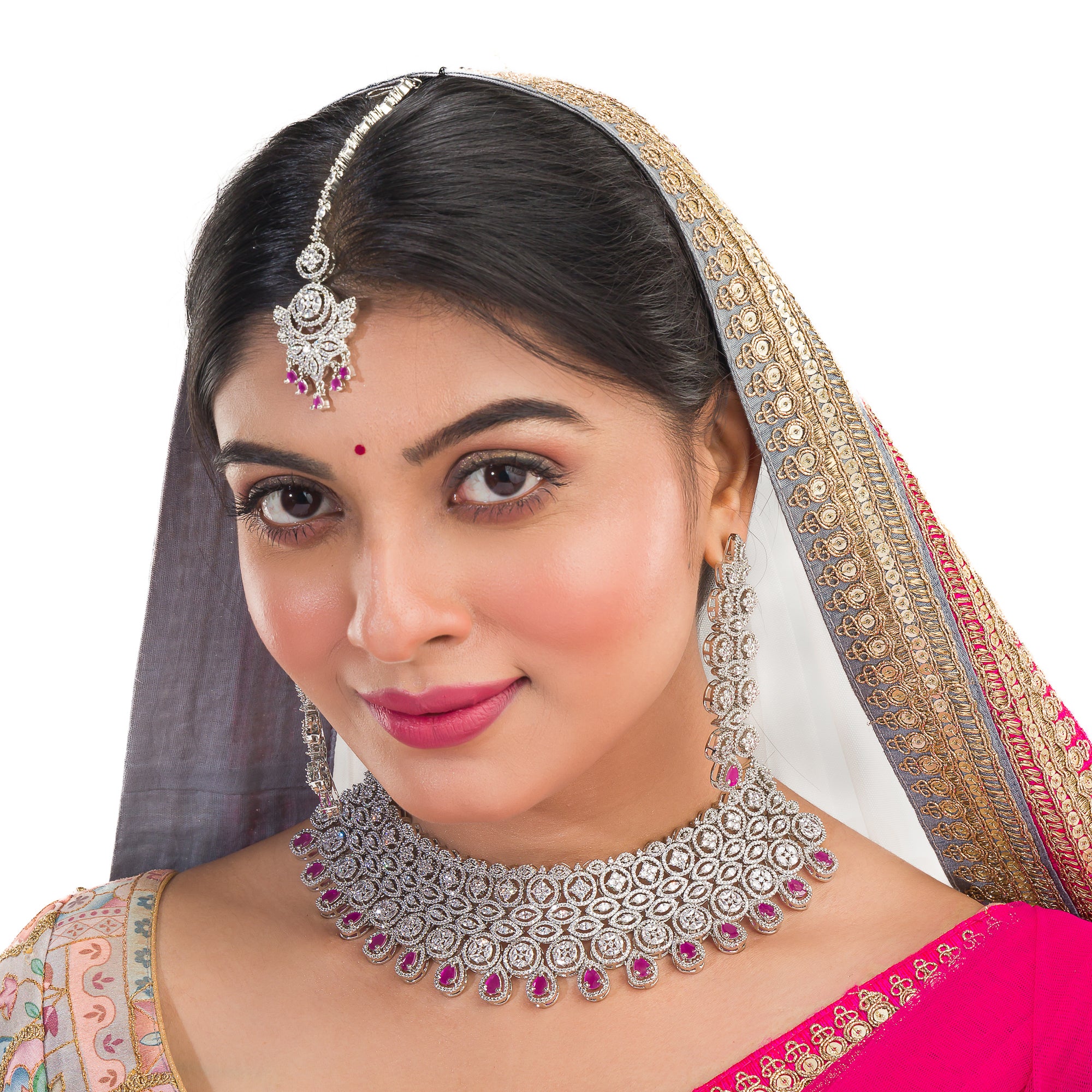 Pink zircon bridal necklace set with intricate stone design.