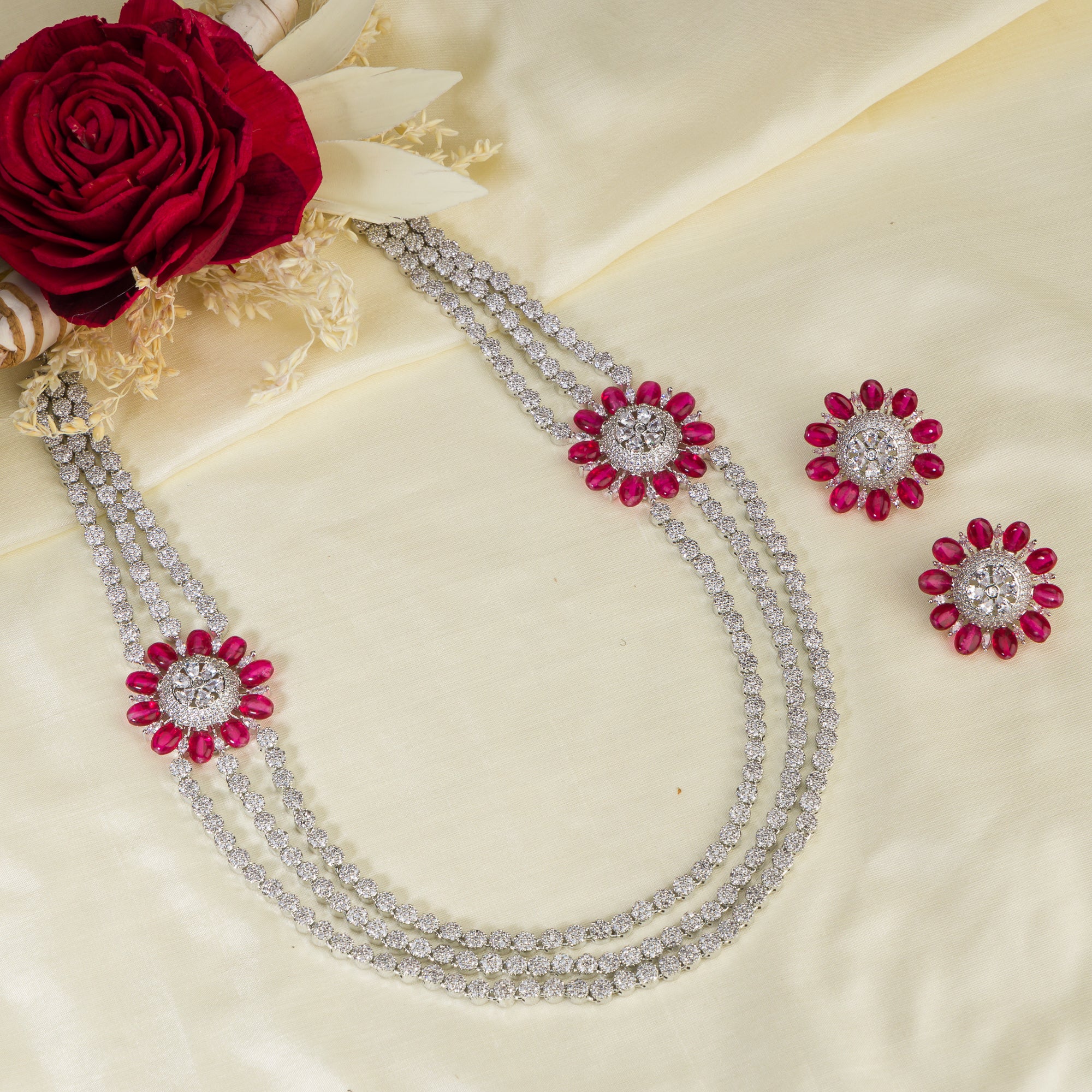 Three-layer silver zircon long necklace with flower design for an elegant sparkle.