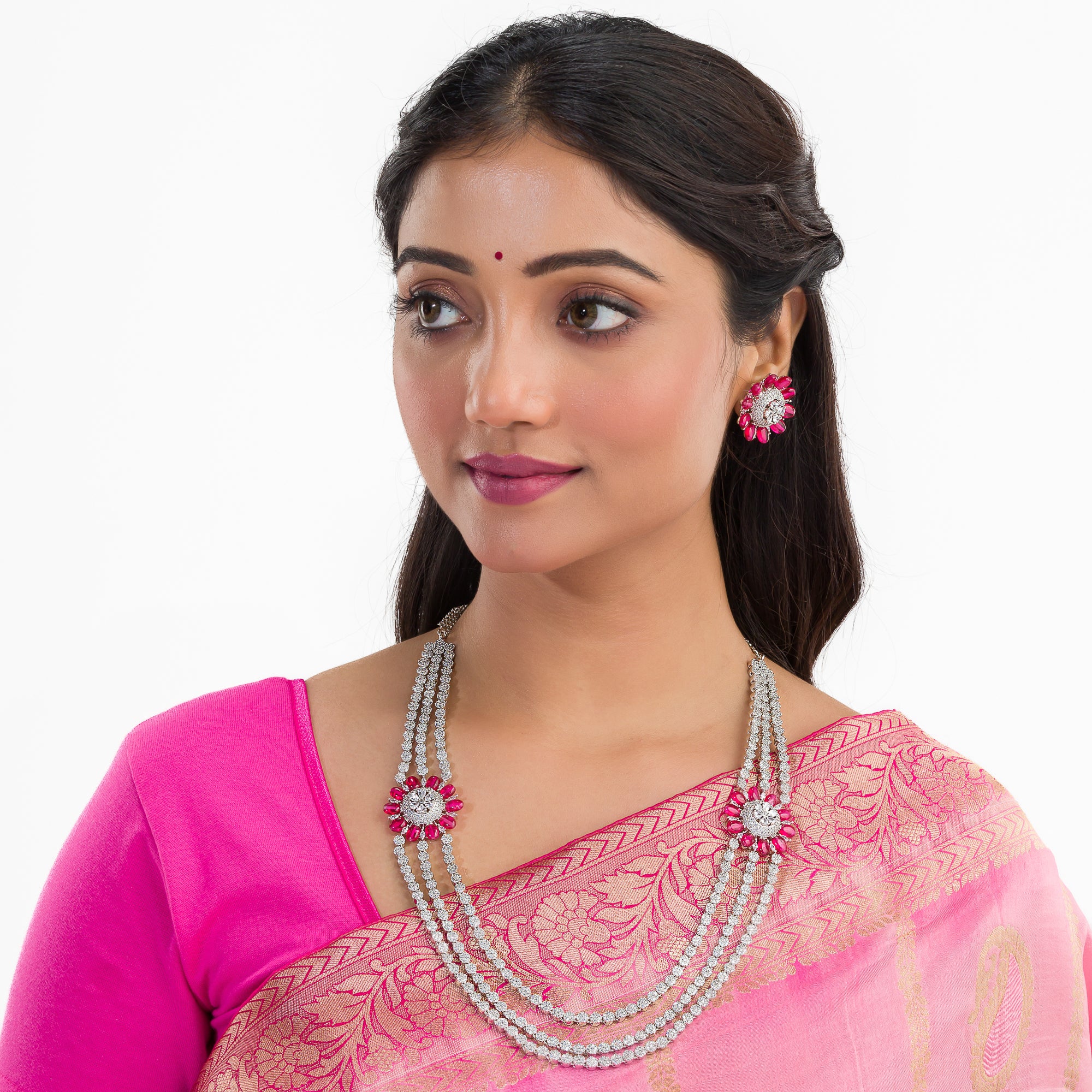 Three-layer silver zircon long necklace with flower design for an elegant sparkle.