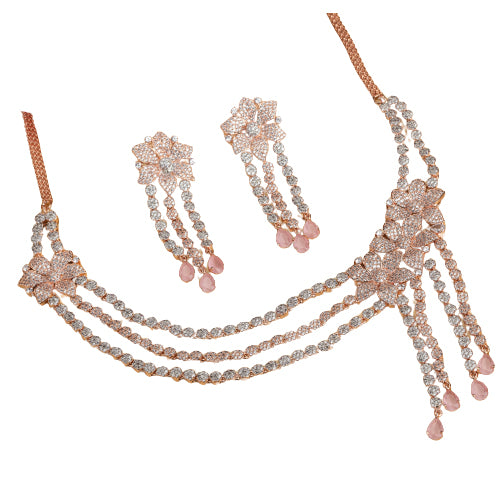 Orchid zircon necklace set with rose gold polish for a charming, elegant look.