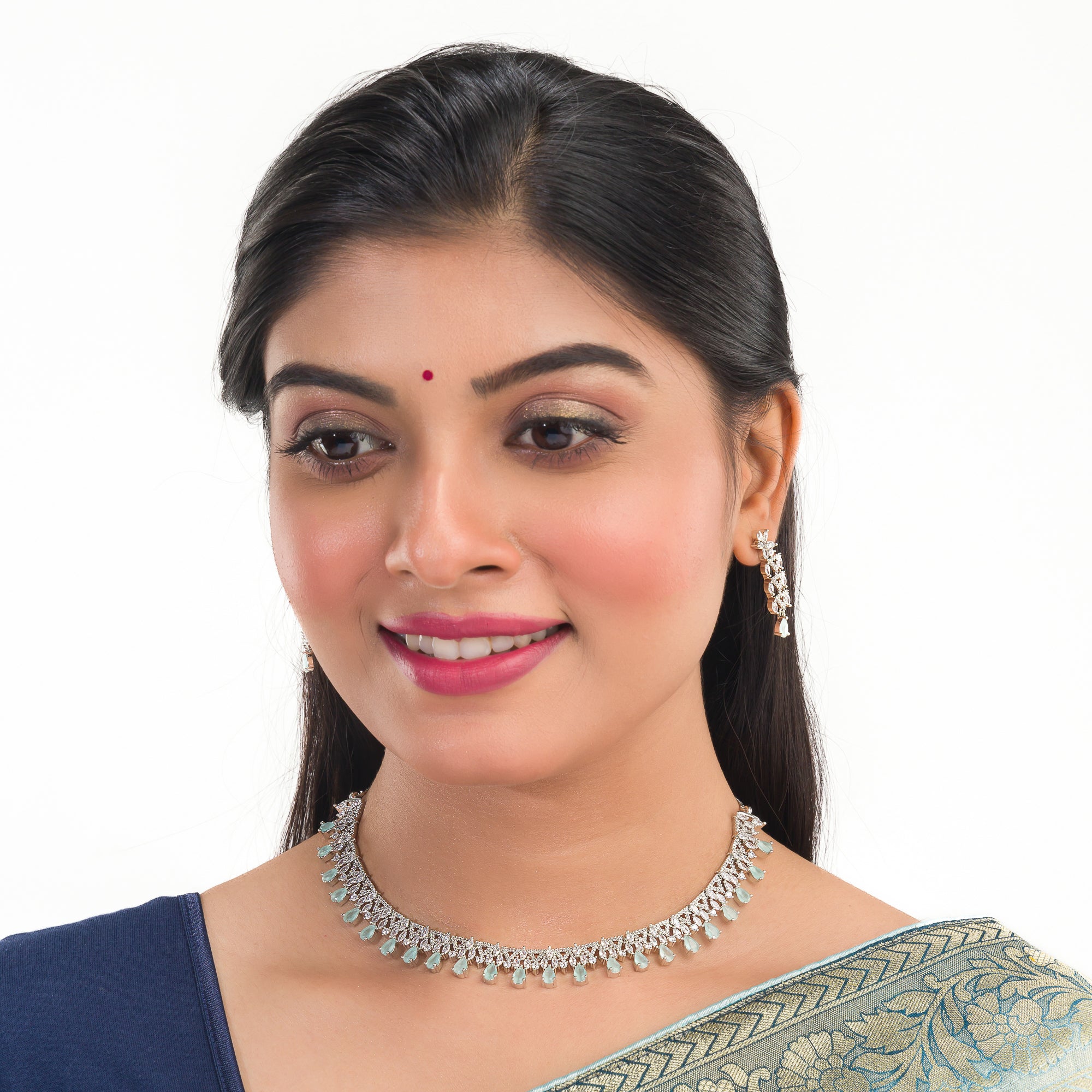 Aqua zircon-studded necklace set for elegance and charm, perfect for special occasions.