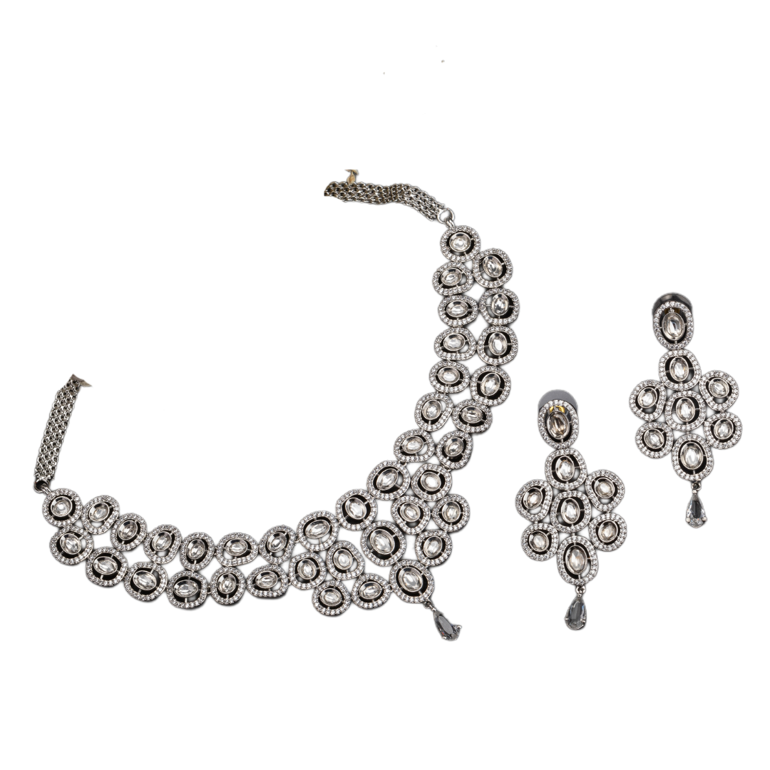 White zircon short necklace set with matching earrings for timeless elegance and sophistication.