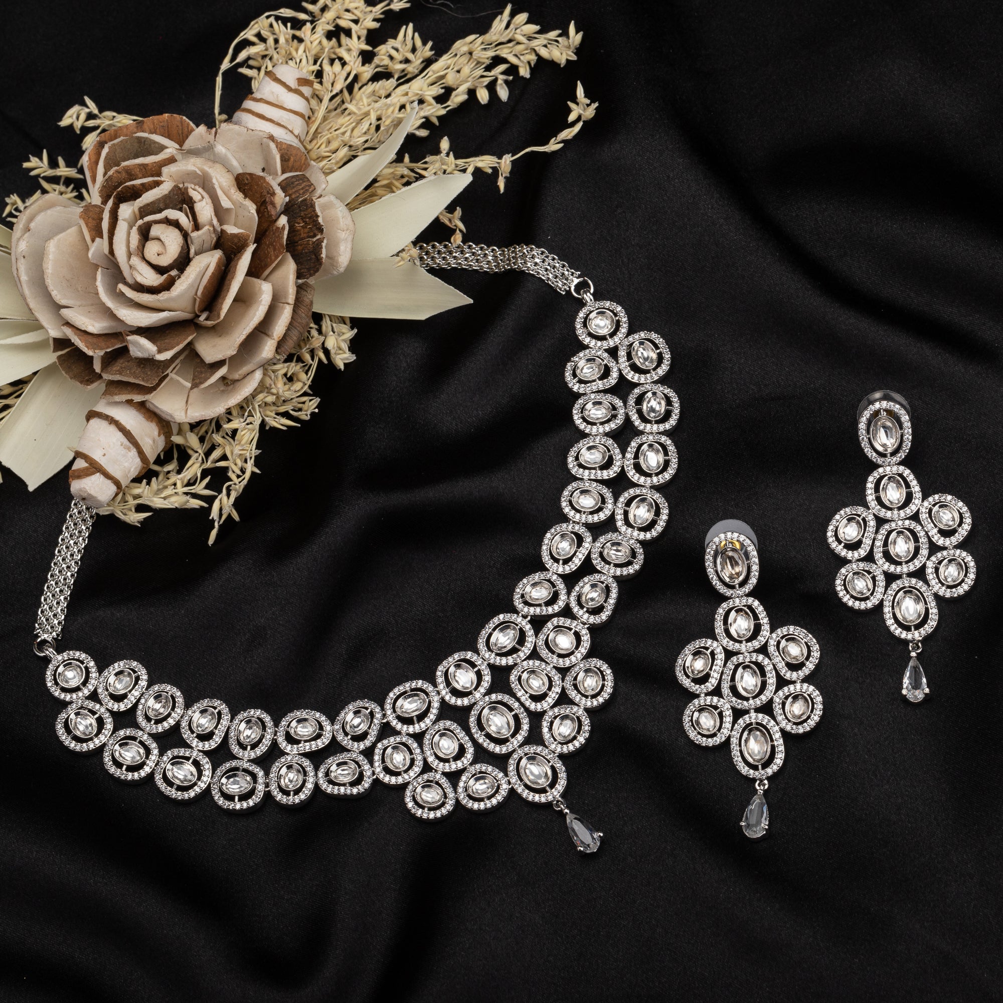 White zircon short necklace set with matching earrings for timeless elegance and sophistication.