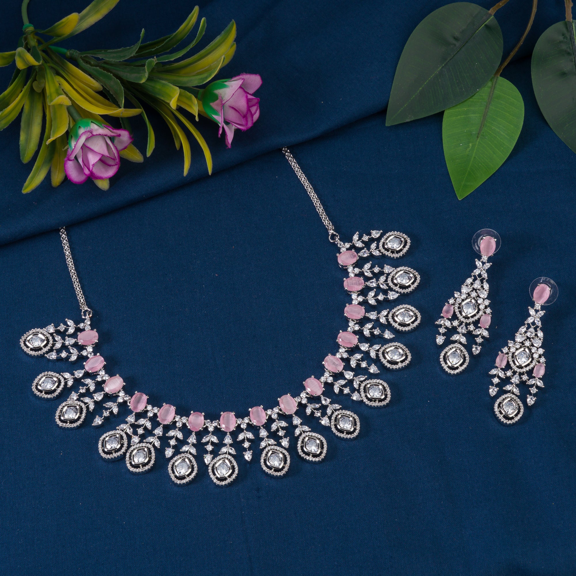 Orchid zircon short necklace set radiating elegance and charm, ideal for special occasions.