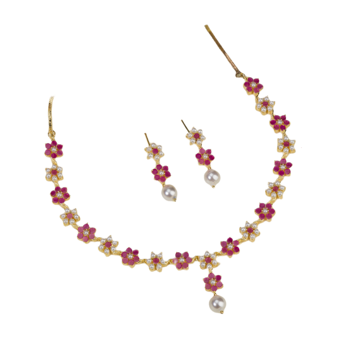 Pink pearl floral necklace set with matching earrings for timeless elegance and beauty.